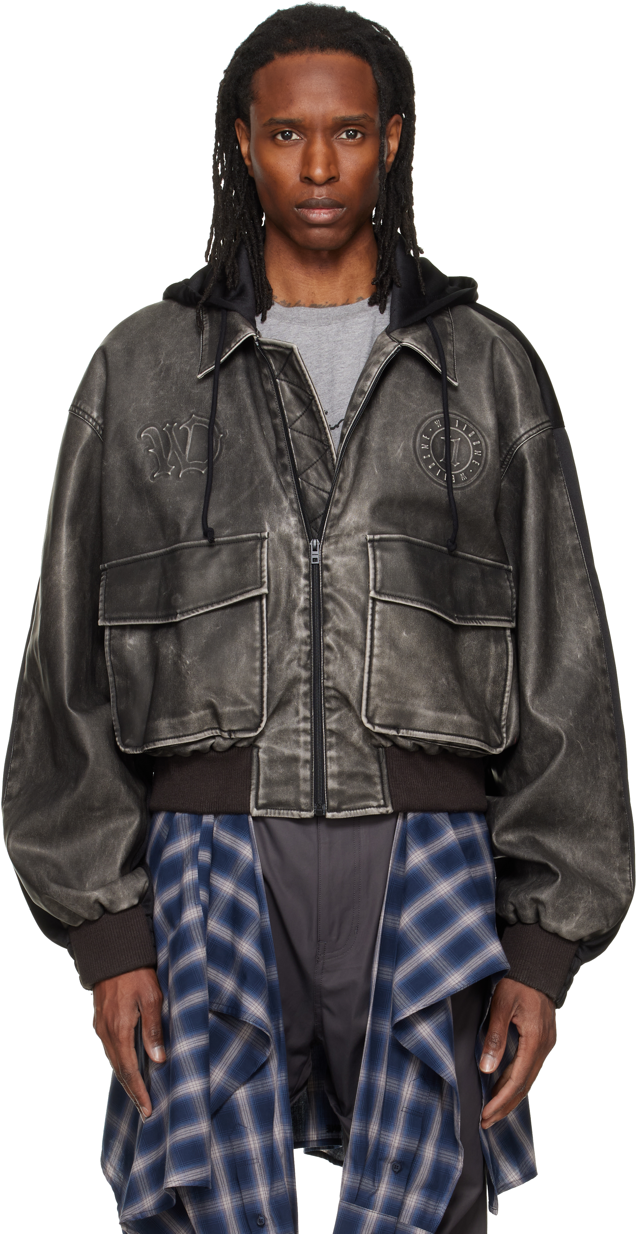We11done: Black Hybrid Hooded Faux-Leather Track Jacket | SSENSE