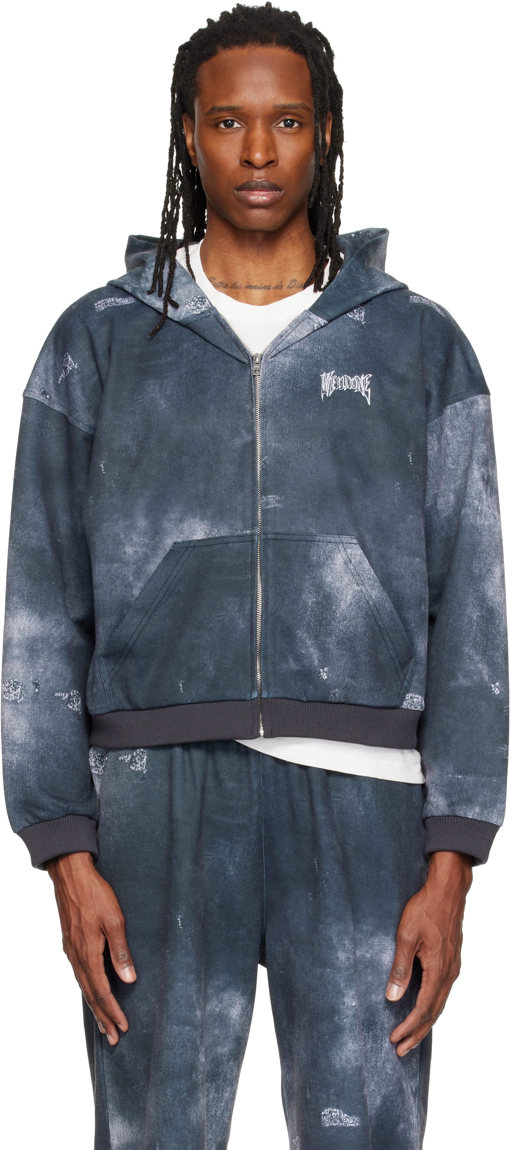 We11done: Gray Trompe L'oeil Denim Printed Zip-Up Hoodie | SSENSE