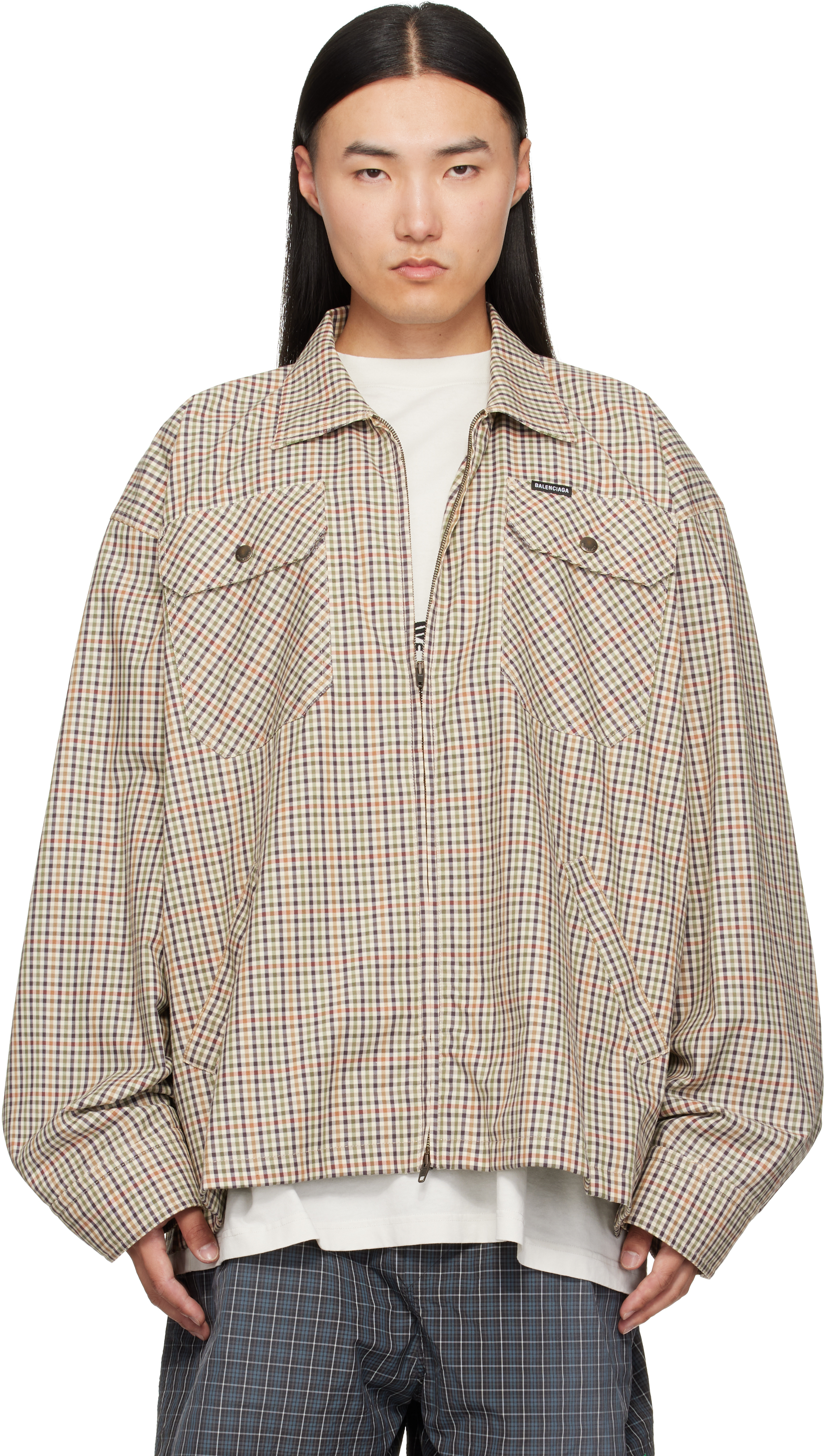 Balenciaga: Beige Check Flannel Zip-Up Shirt | SSENSE