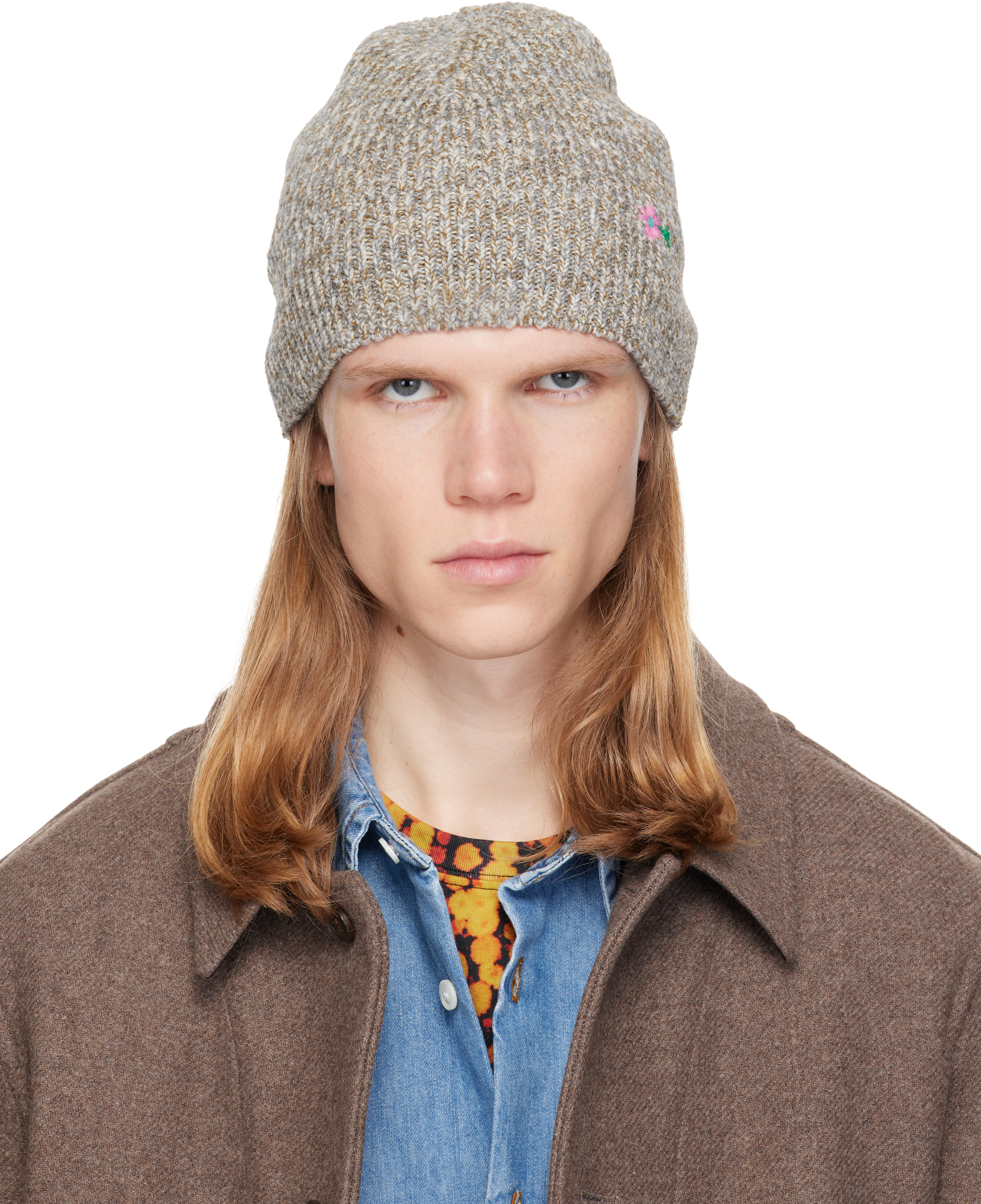 Dries Van Noten 総柄 ウール ニット帽 ビーニー ベルギー製 Dries Van Noten: グレー Floral ビーニー | SSENSE 日本