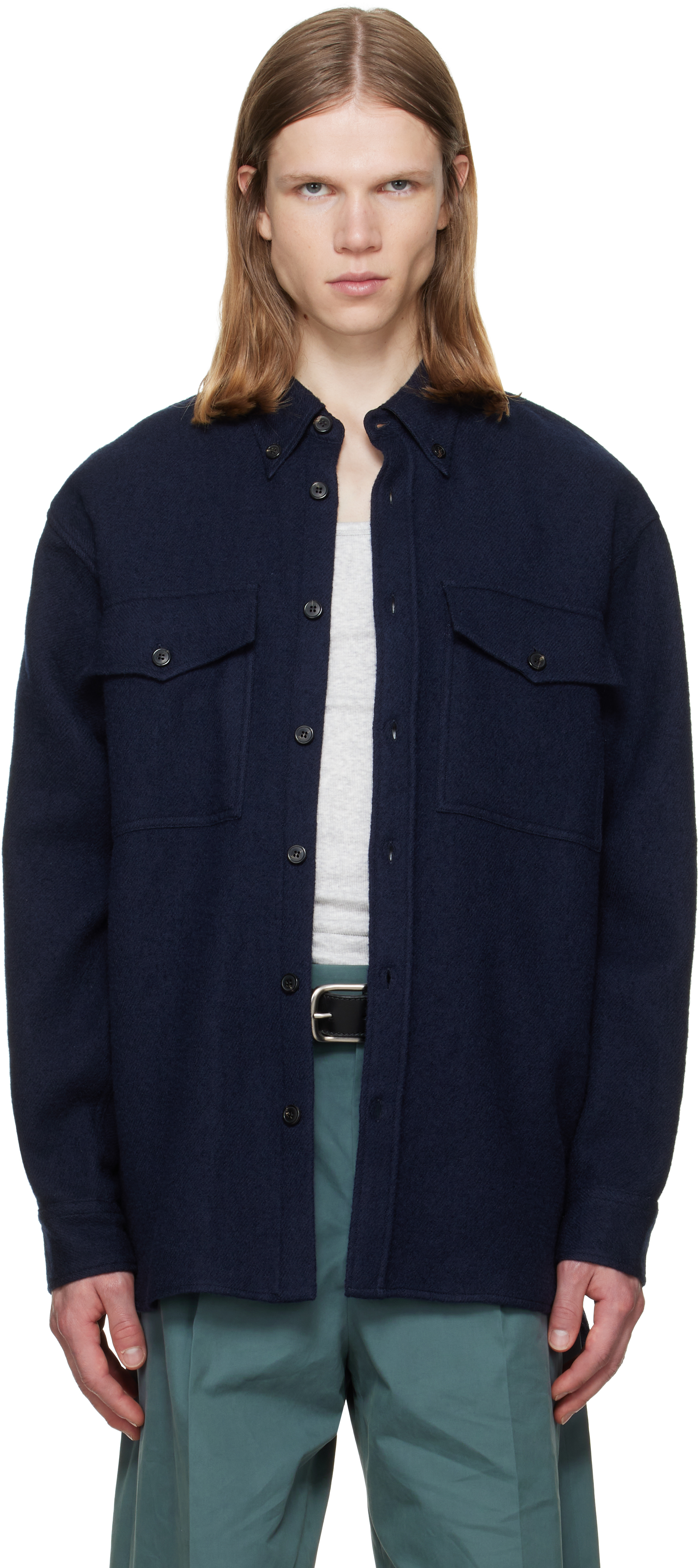 Dries Van Noten: ネイビー ウール オーバーシャツ | SSENSE 日本