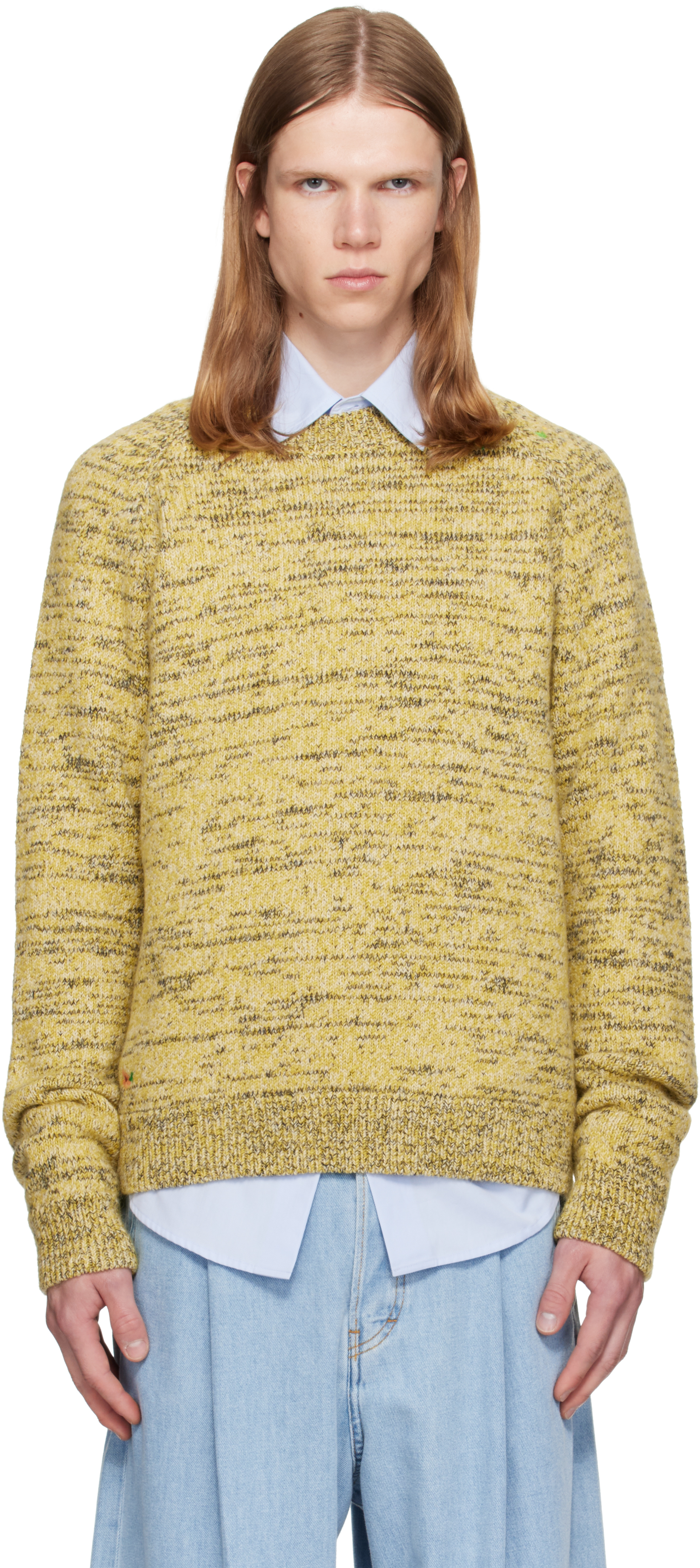 Dries Van Noten: イエロー Embroidered Flowers ウール セーター