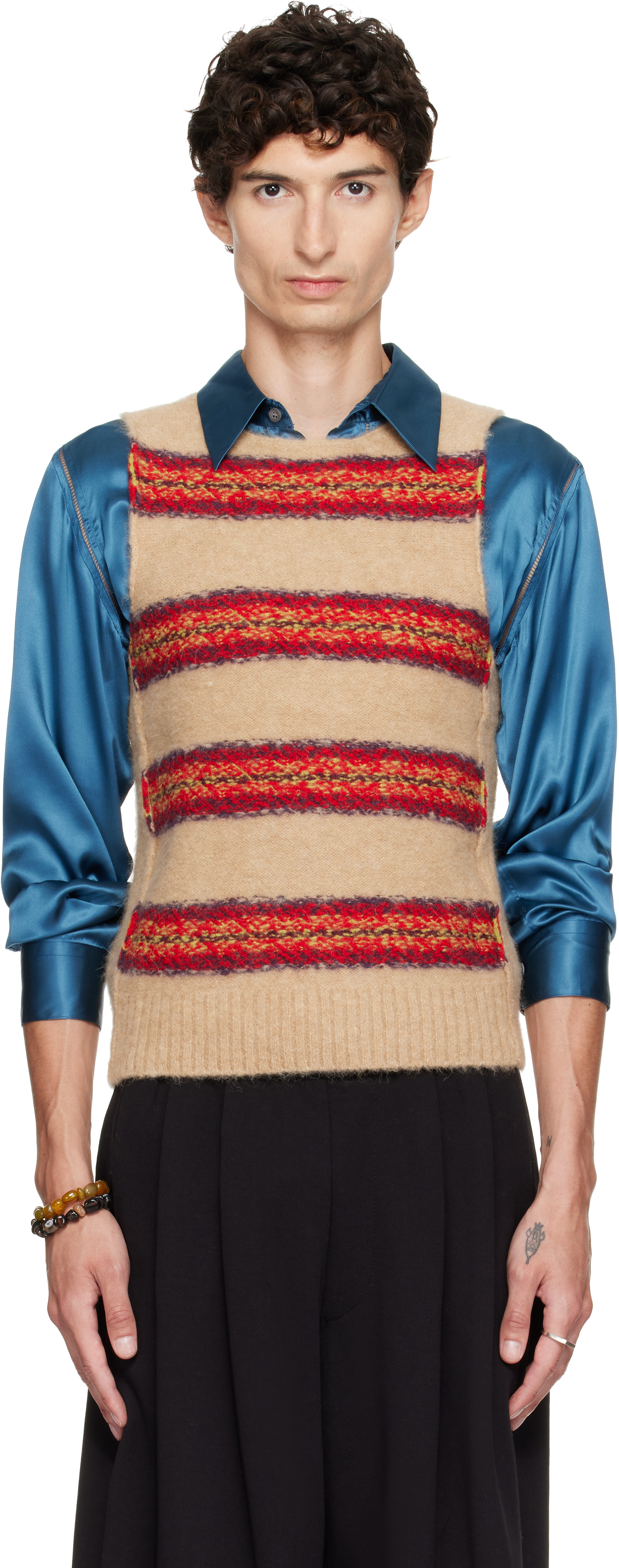 新品タグ付き！DRIES VAN NOTEN モヘア混 ニットベスト S Dries Van Noten: Beige Jacquard Wool Sweater Vest | SSENSE