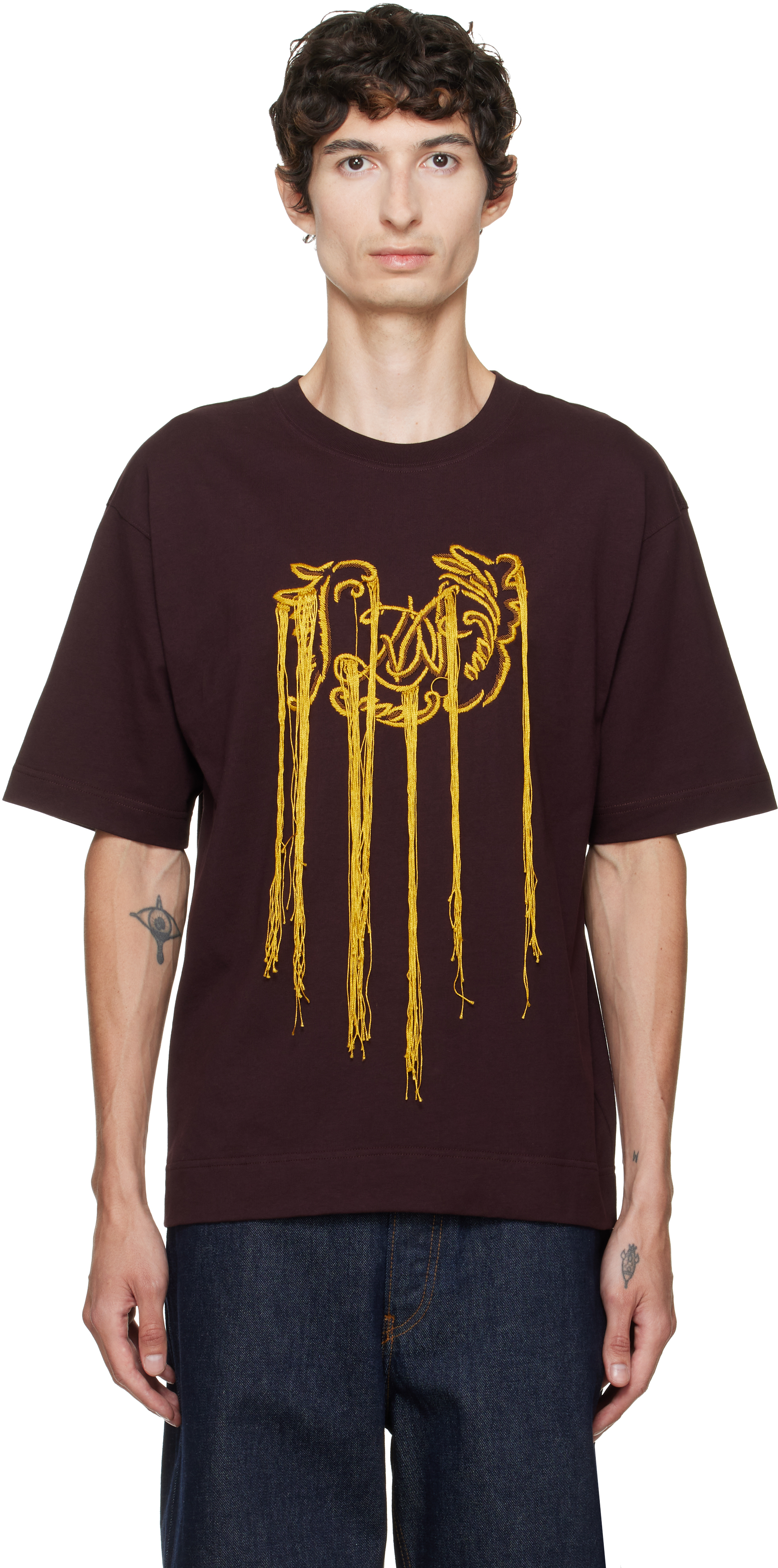 Dries Van Noten: Burgundy Fringed T-shirt | SSENSE Canada