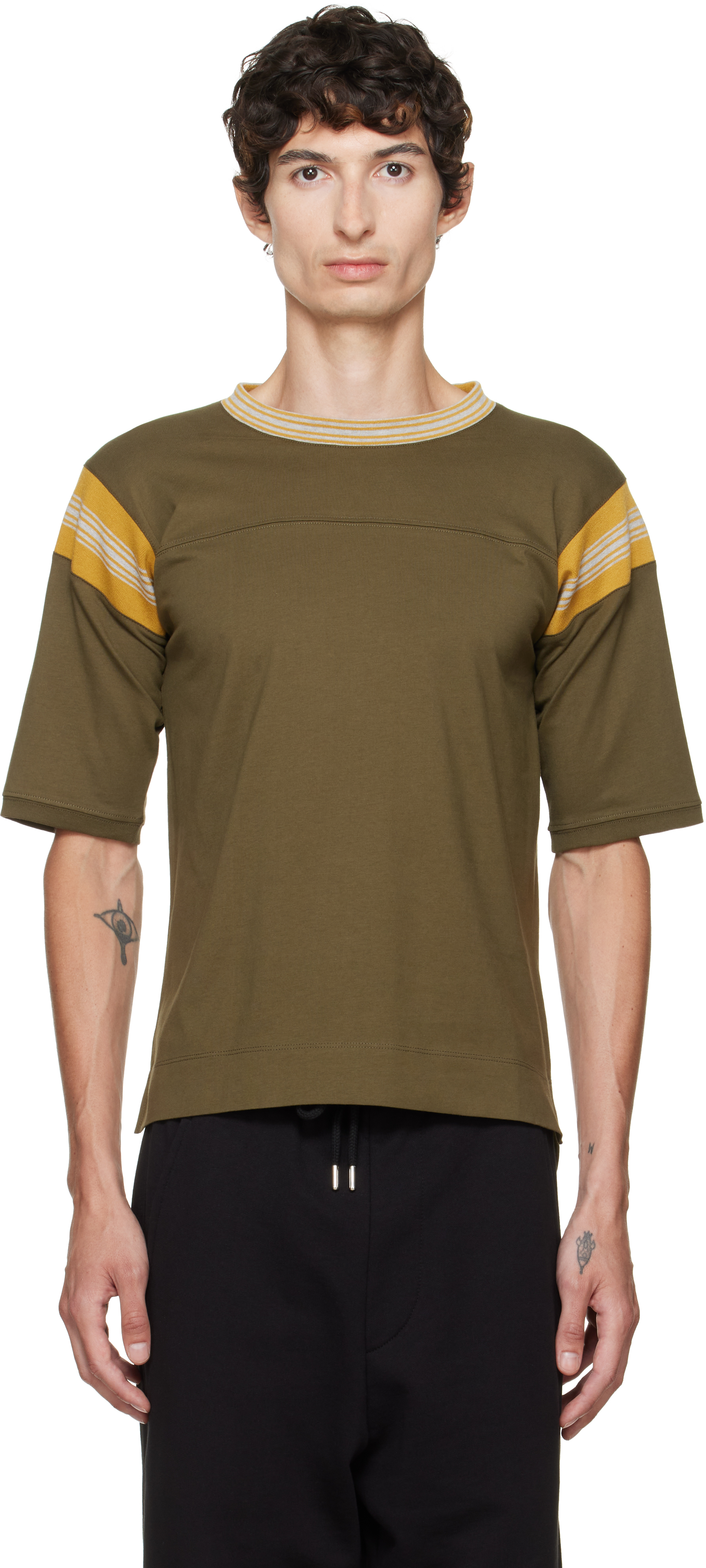 未使用 Sサイズ DRIES VAN NOTEN ボーダーカットソー Dries Van Noten: カーキ ボーダー Tシャツ | SSENSE 日本
