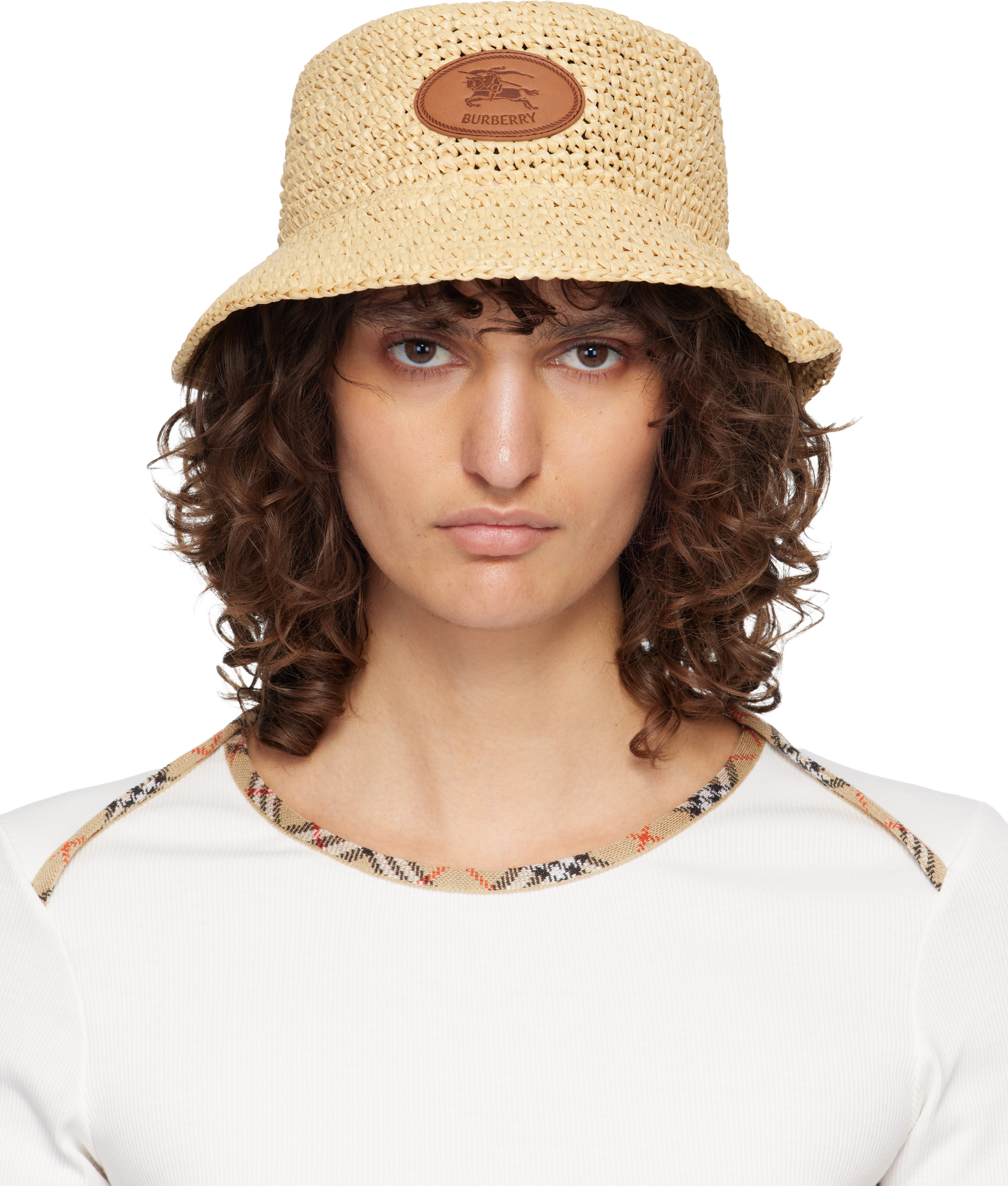 Burberry: ベージュ Knight Stamp Raffia-Effect バケットハット