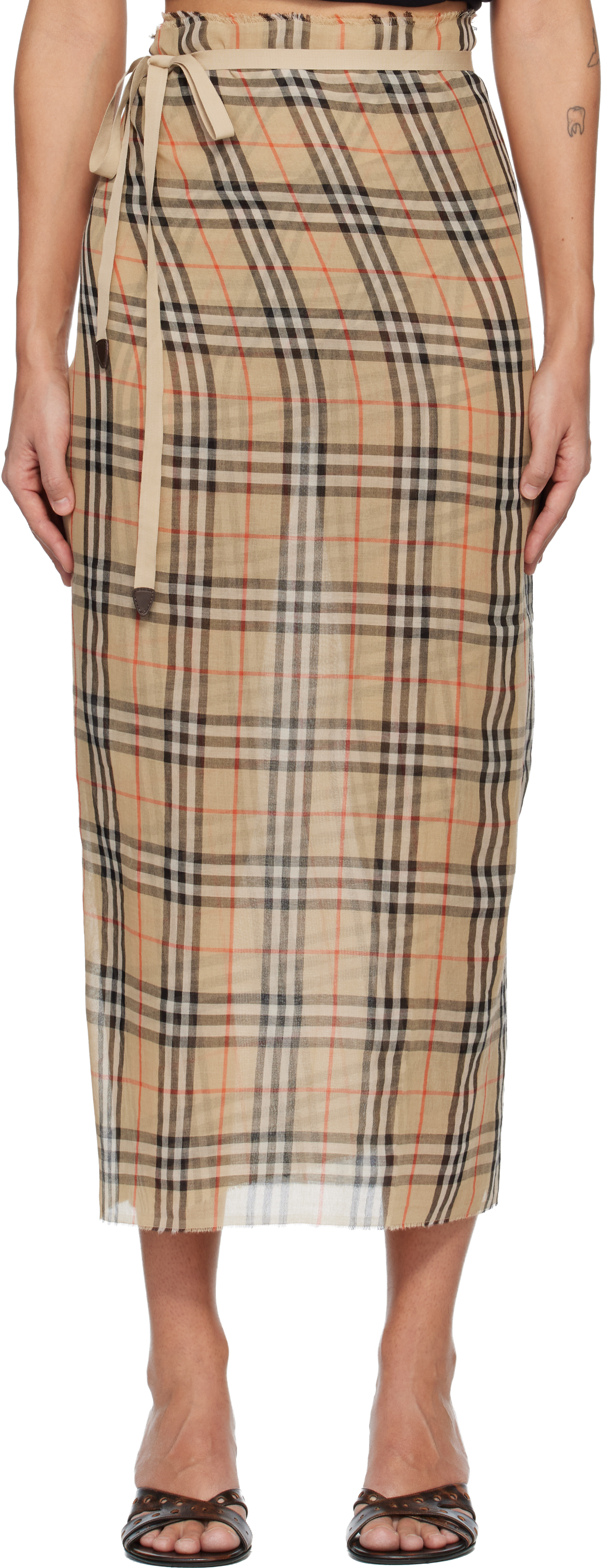 Burberry: ベージュ Sarong チェック コットン ミディアムスカート