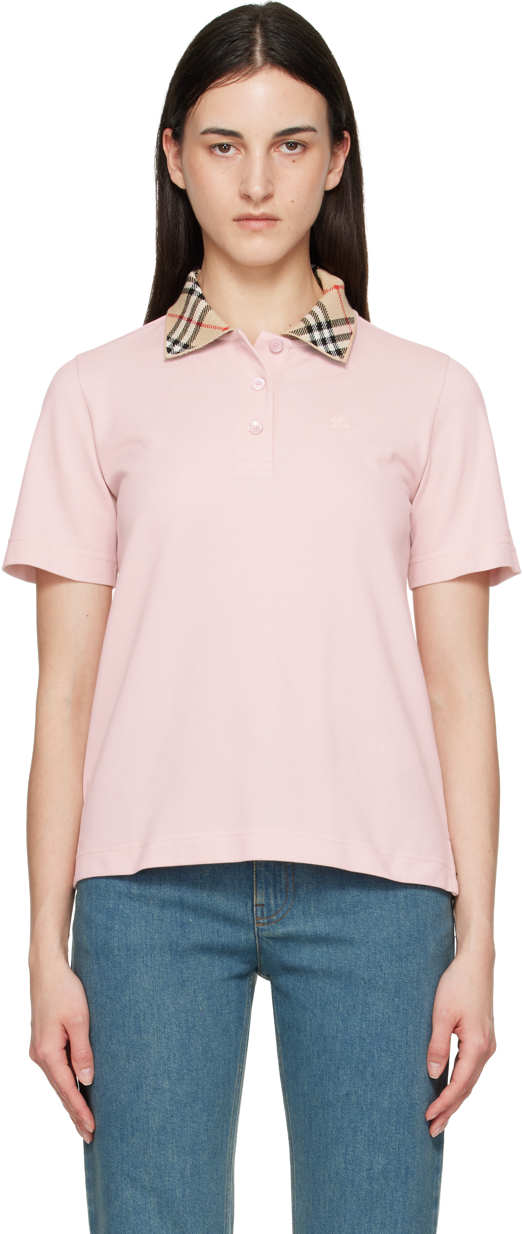 Burberry: Pink Check Collar Polo | SSENSE