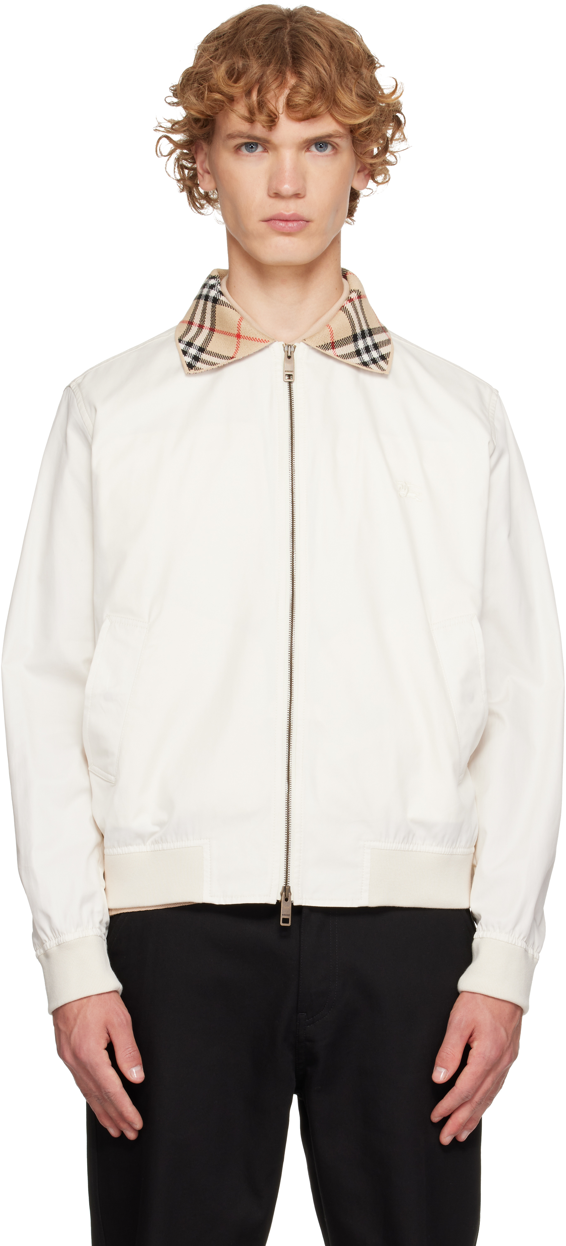 BURBERRY ホワイト スイングトップ Burberry: Off-White Gabardine Glenfields Harrington Jacket | SSENSE