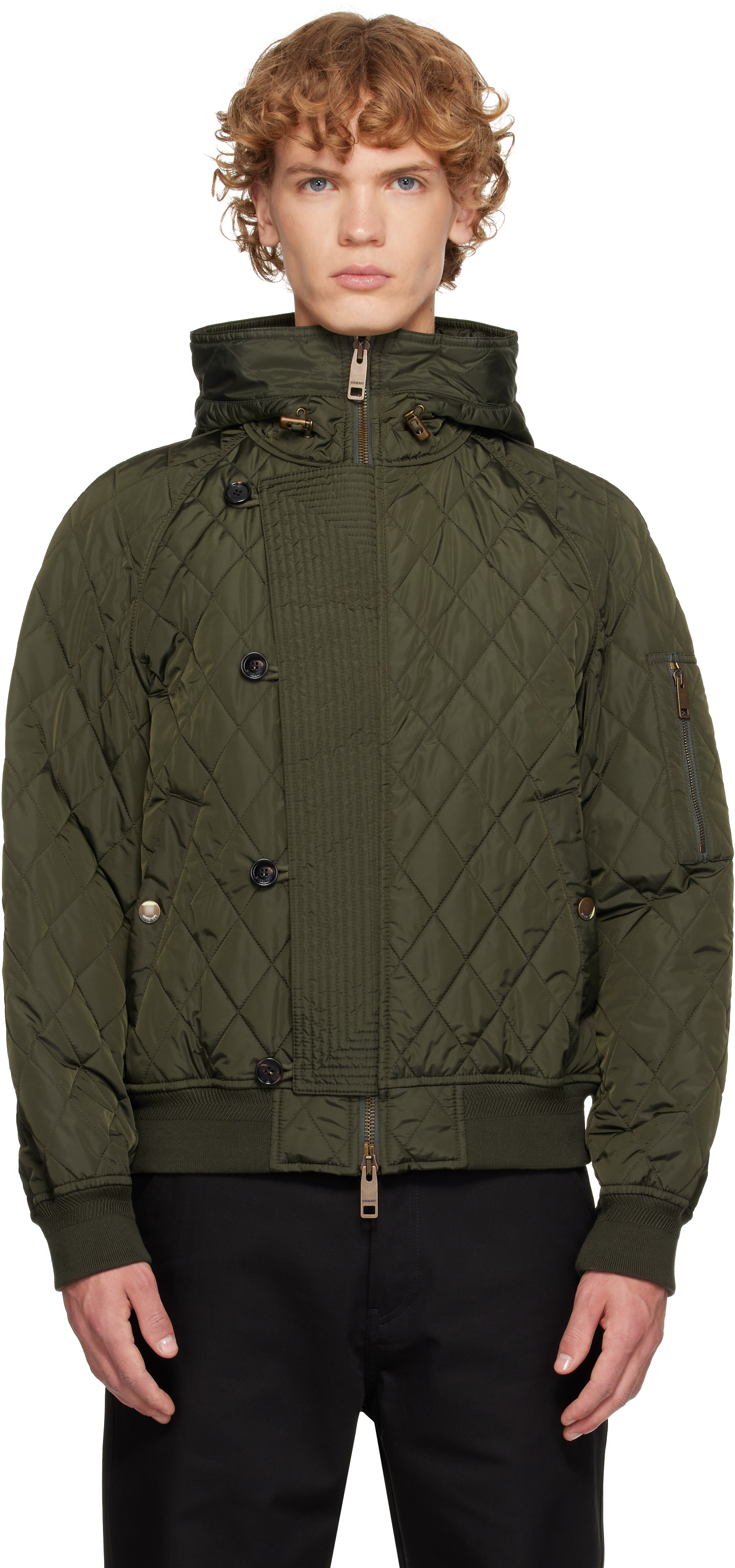Burberry: カーキ キルティング ナイロン フード付き ボンバー
