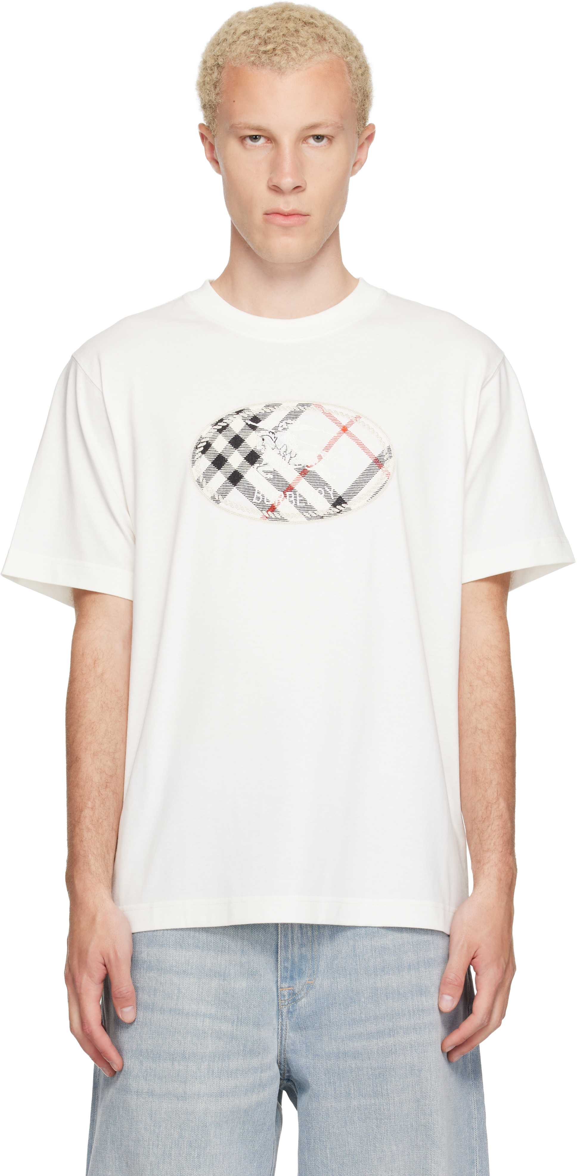 Burberry: White Check Knight Stamp Cotton T-shirt | SSENSE