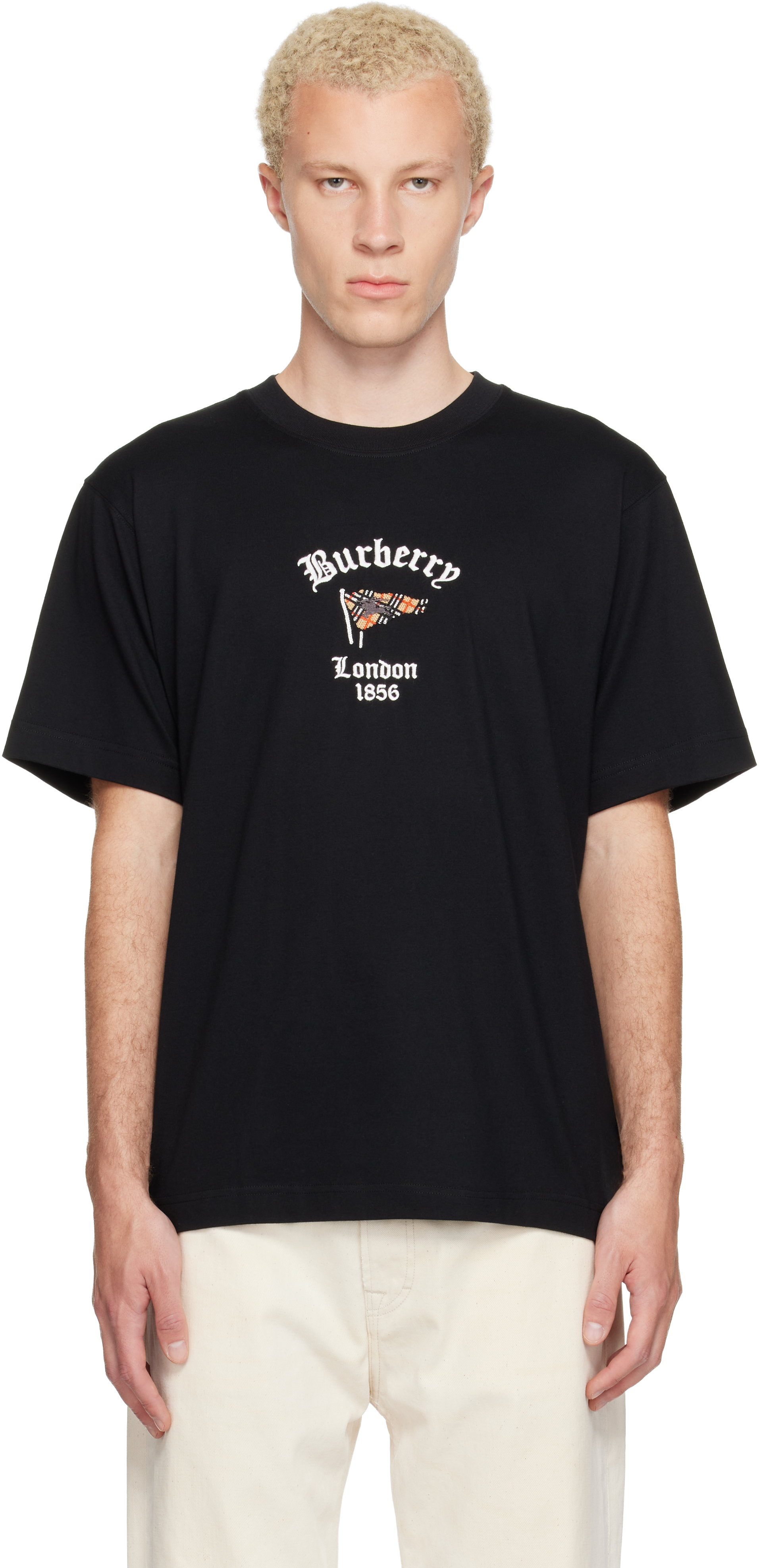 Burberry: Black Check Flag Cotton T-shirt | SSENSE
