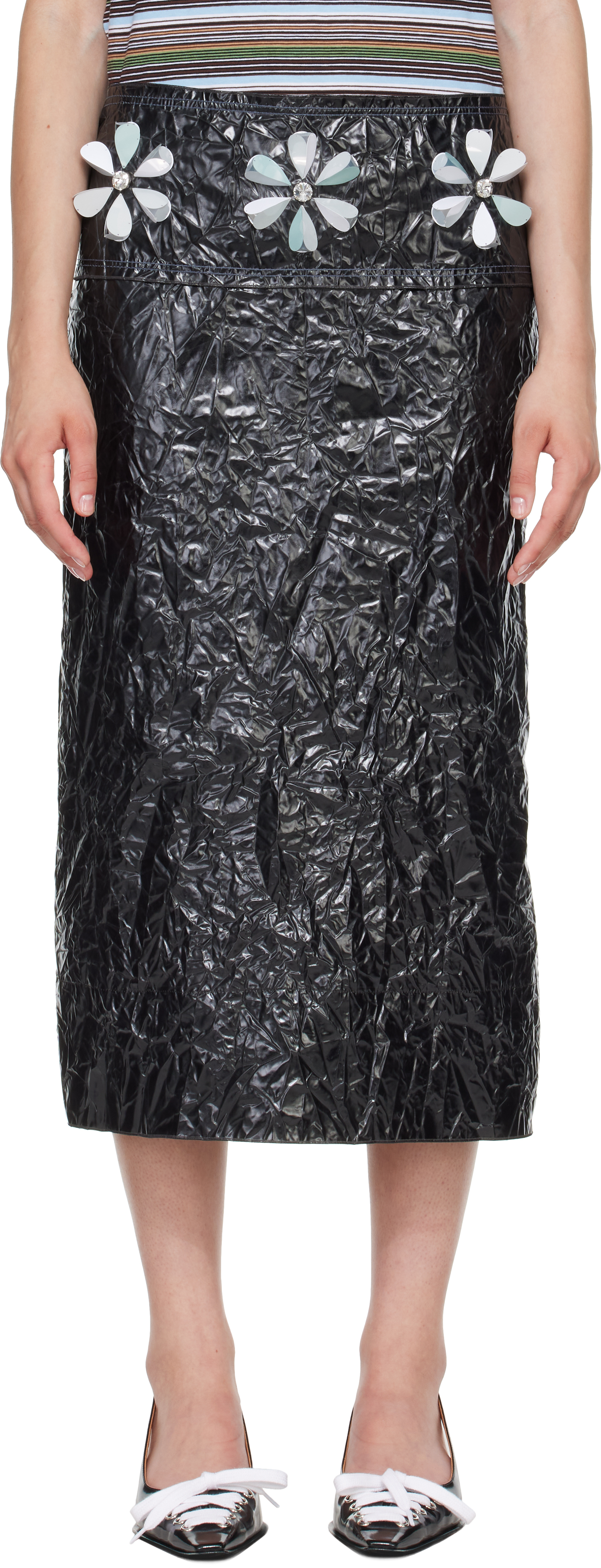 Marni: Black Daisy Details Crinkled Midi Skirt | SSENSE