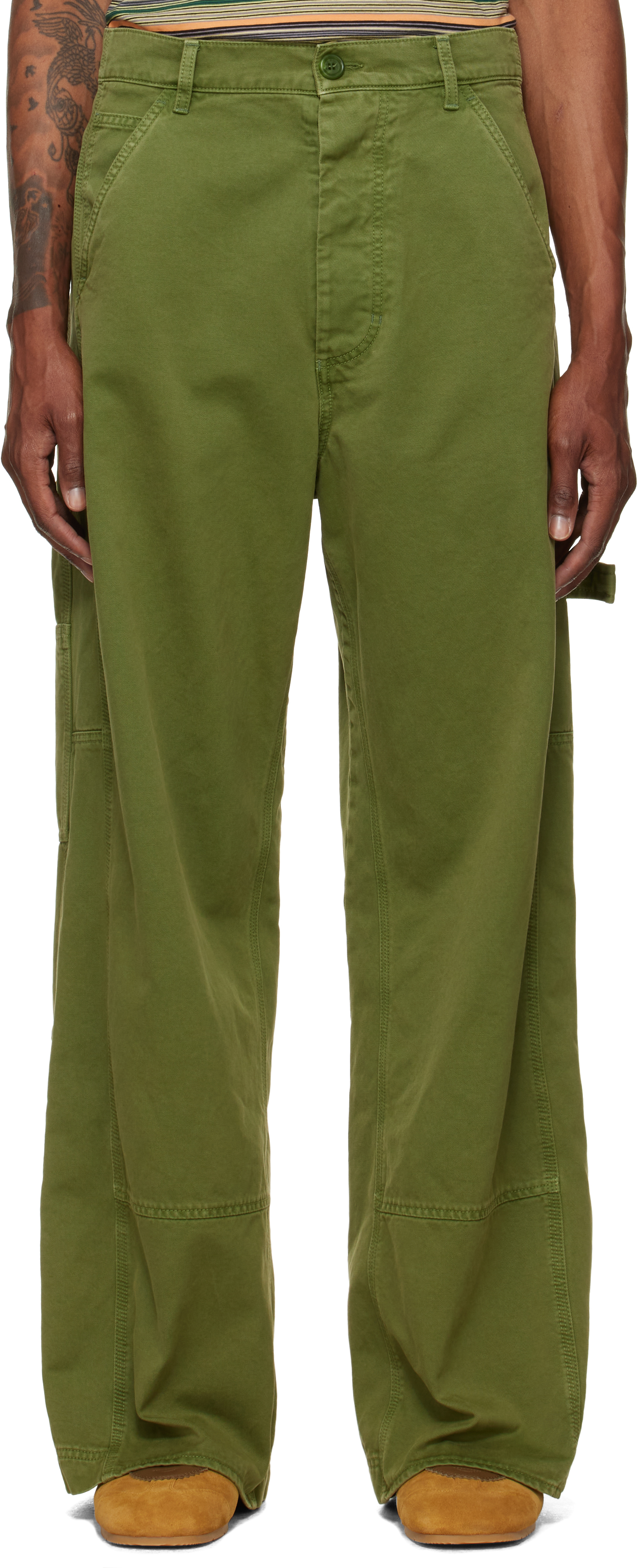 Marni: Green Cotton Loose Workwear Trousers | SSENSE