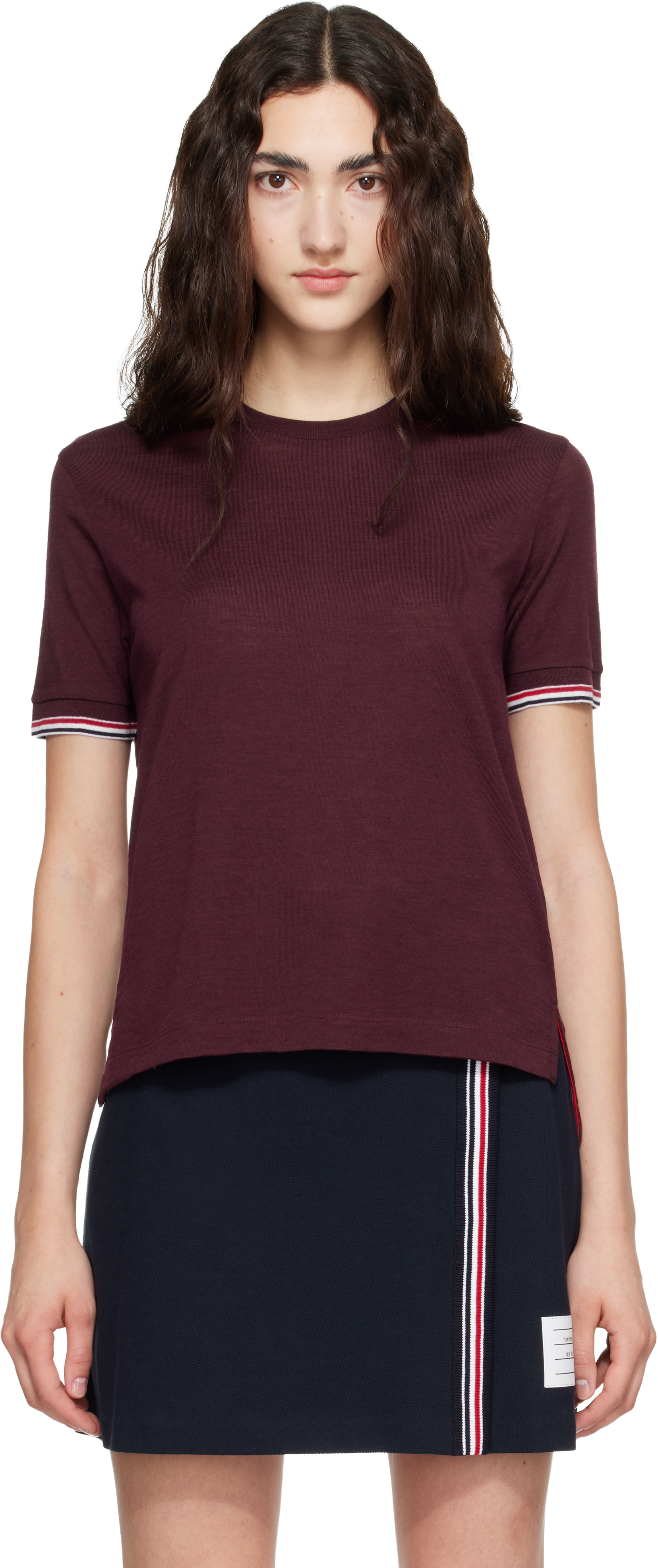 Thom Browne: Burgundy Rib Cuff RWB Tipping Wool Jersey T-shirt 