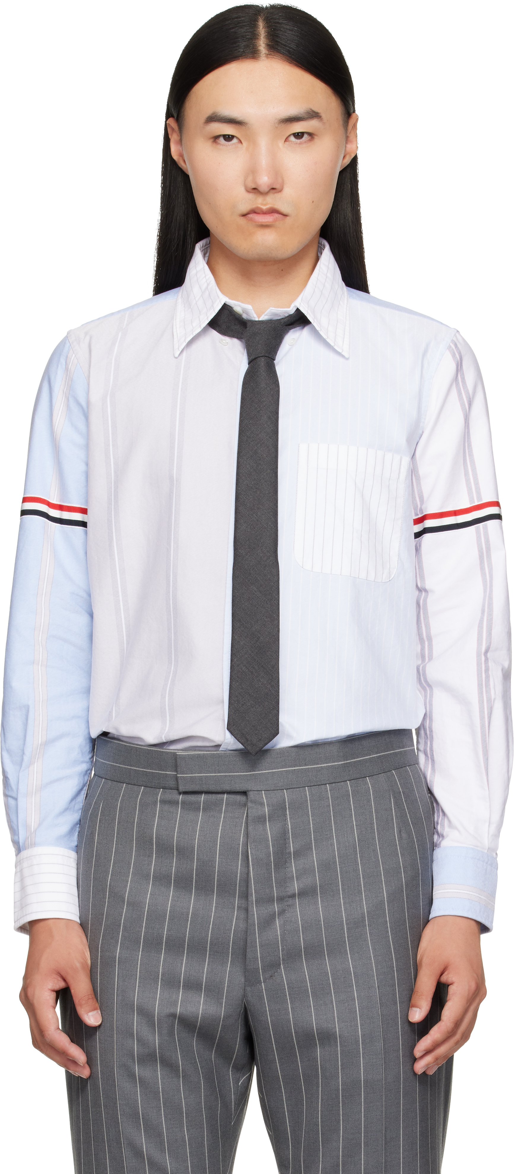 Thom Browne: Blue Funmix Pinstripe Oxford Shirt | SSENSE Canada