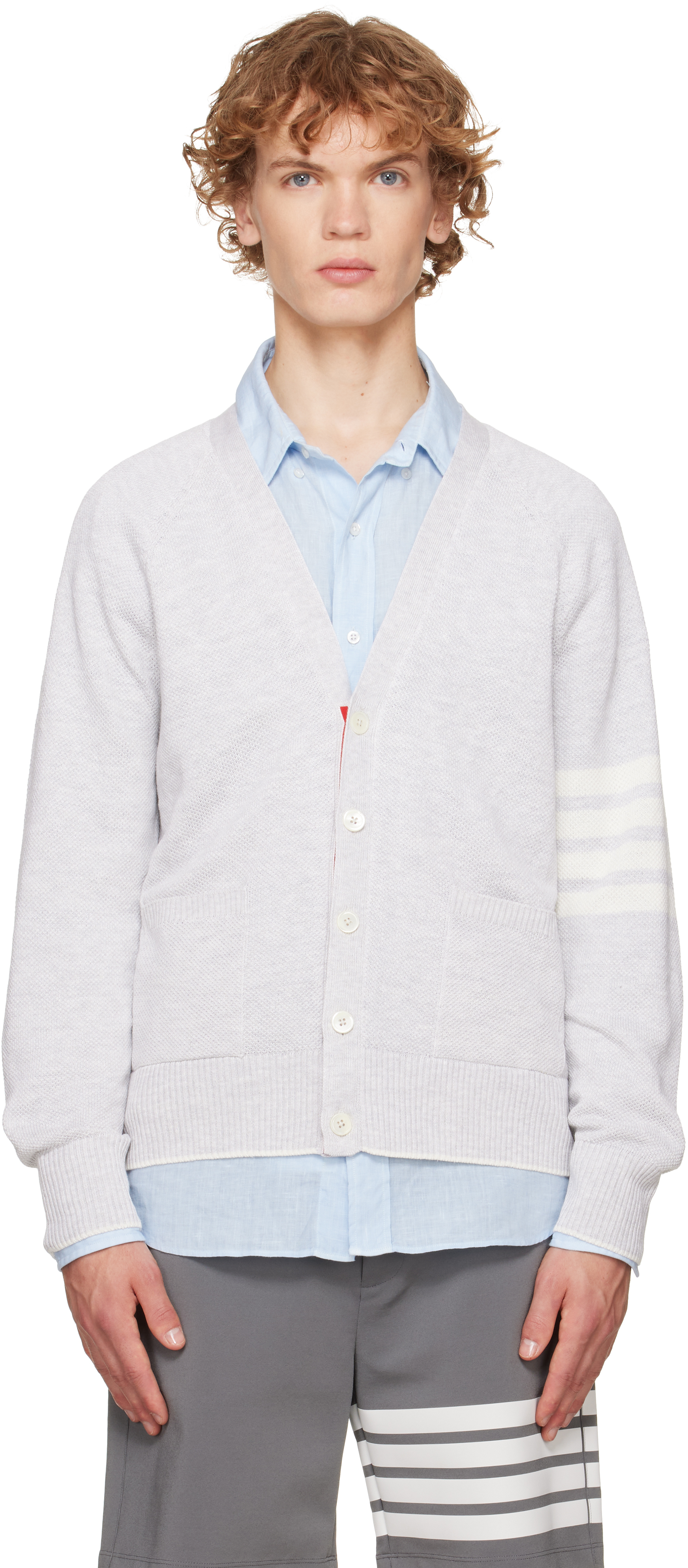 THOM BROWNE グレー カーディガン　サイズ4 Thom Browne: グレー 4-Bar リネン コットン リラックスフィット