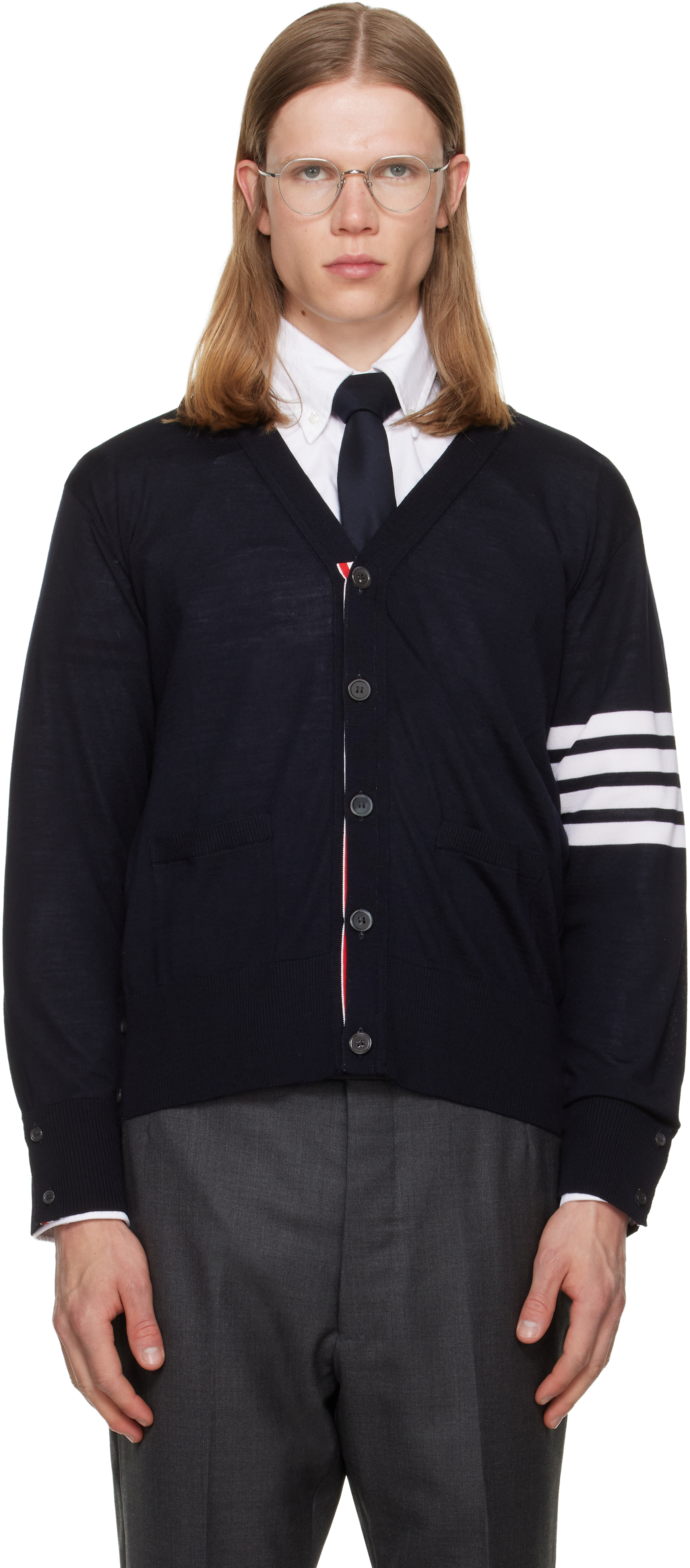 Thom Browne: Navy Merino Wool 4-Bar Classic Cardigan | SSENSE