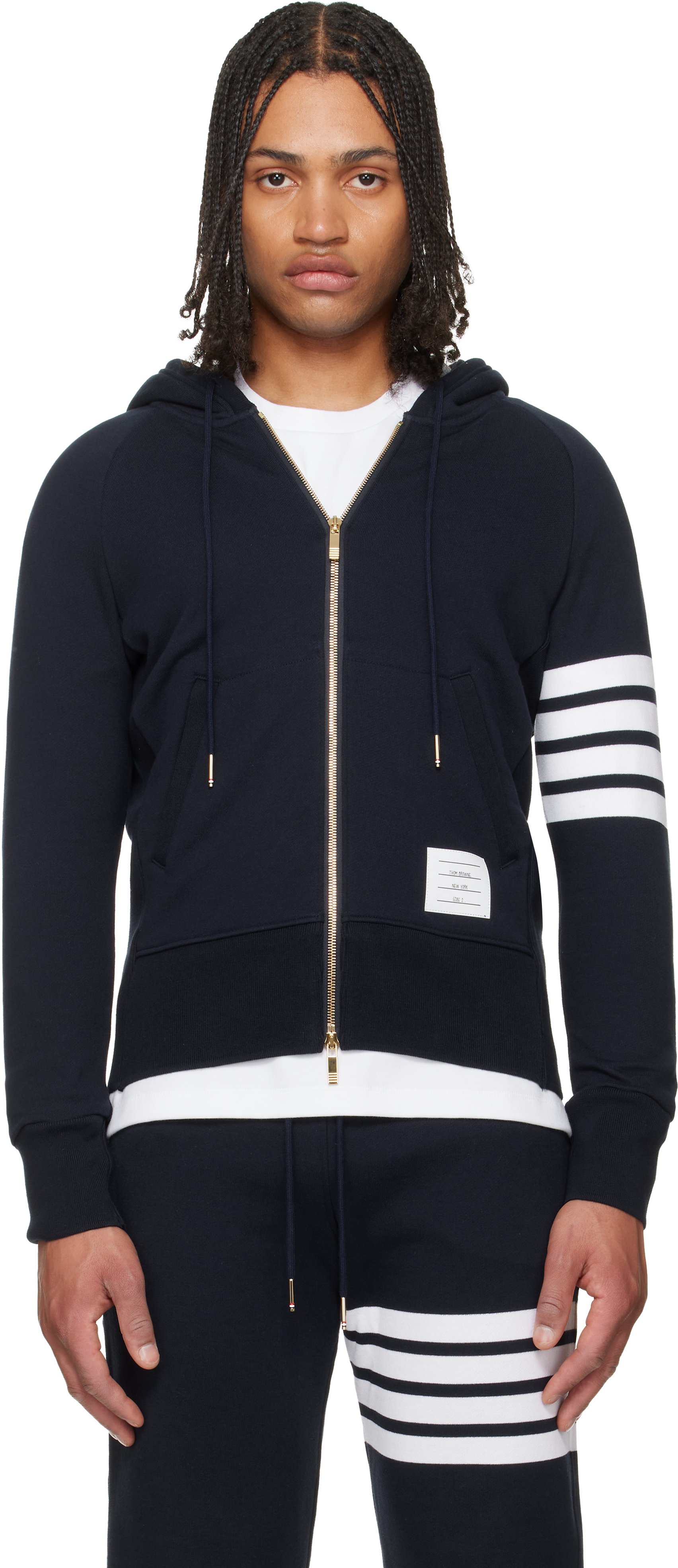 Thom Browne: Navy Classic Loopback 4-Bar Zip-Up Hoodie | SSENSE Thom Browne: Navy Classic Loopback 4-Bar Zip-Up Hoodie | SSENSE