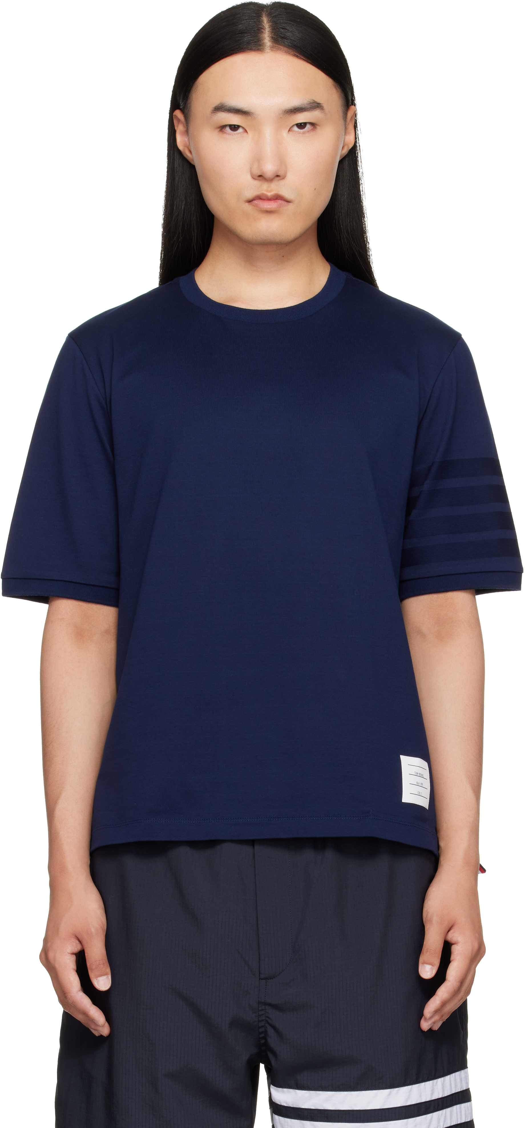 Thom Browne: ネイビー Jersey Ottoman 4-Bar Tシャツ | SSENSE 日本