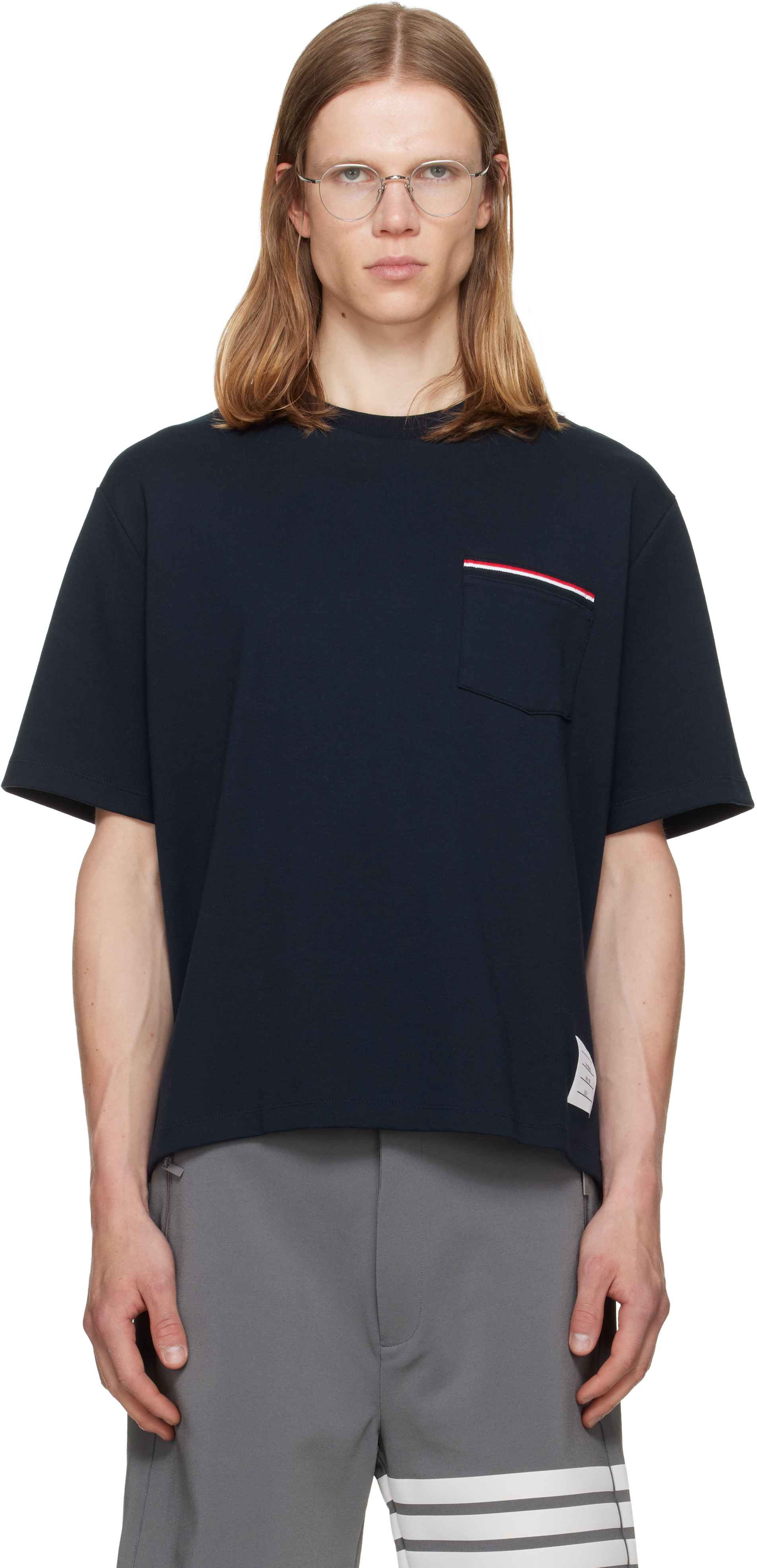 Thom Browne: ネイビー Milano コットン オーバーサイズ ポケットT