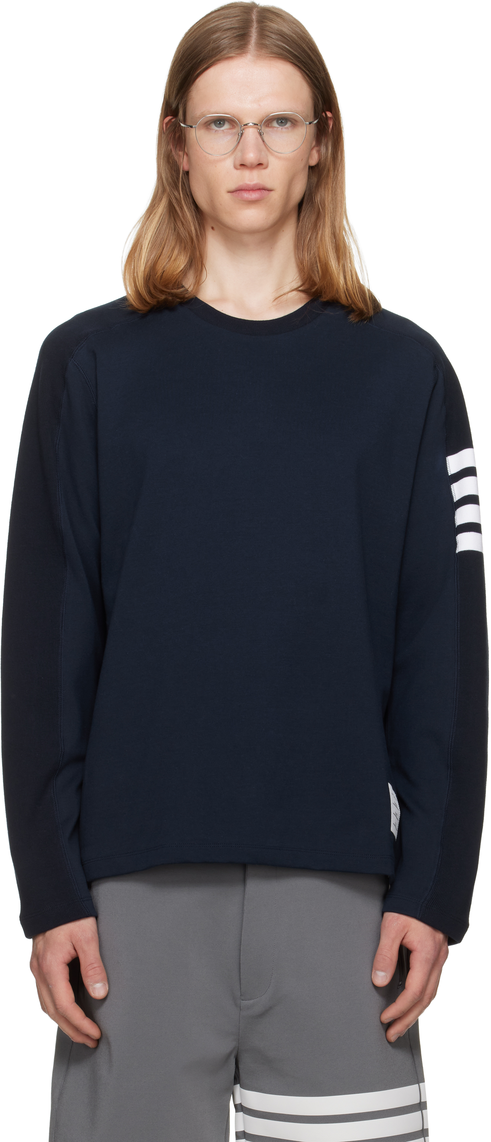 Thom Browne: ネイビー Milano Cotton 4-Bar Tシャツ | SSENSE 日本