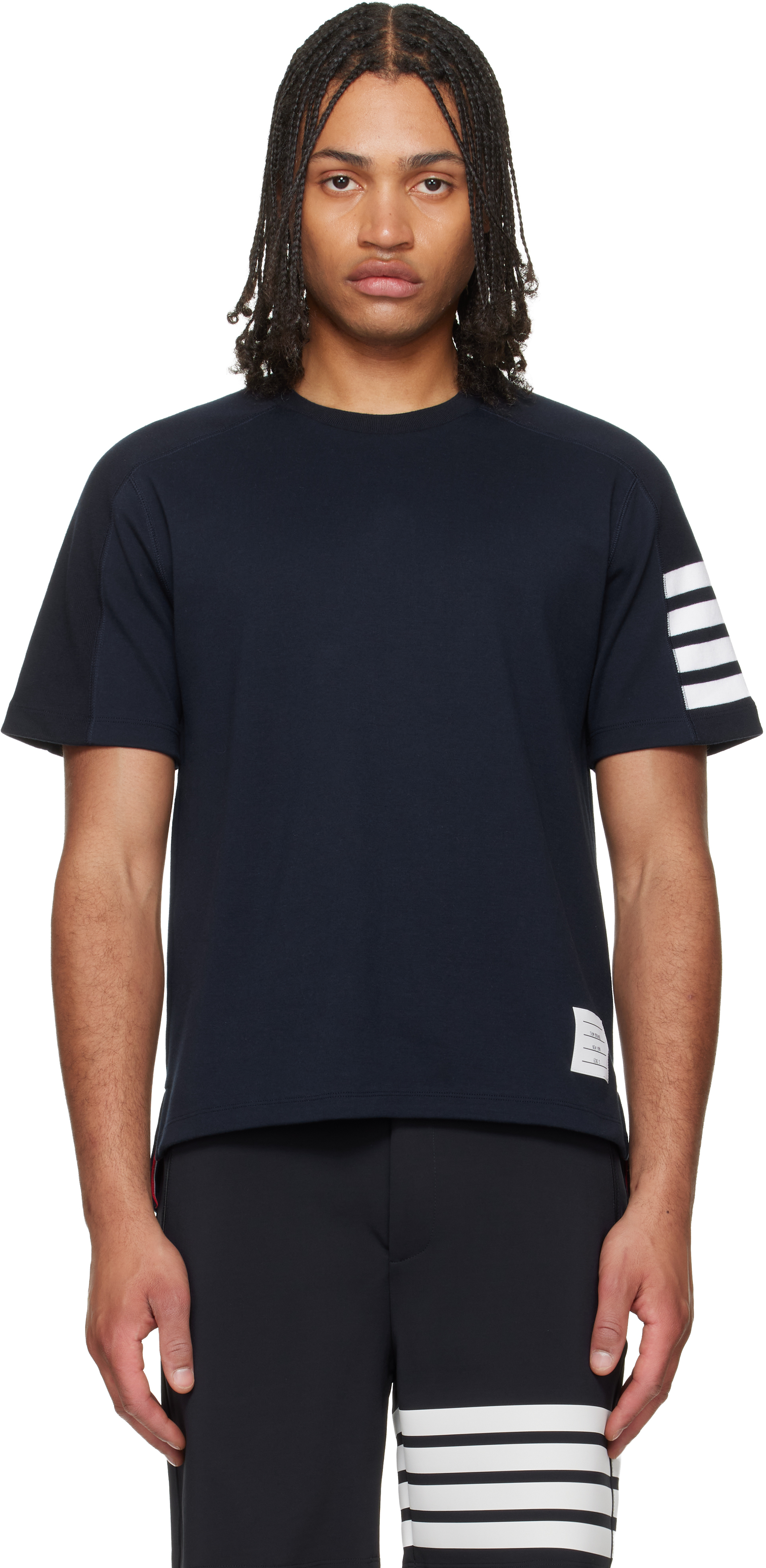 Thom Browne: Navy Milano Cotton 4-Bar T-shirt | SSENSE Canada