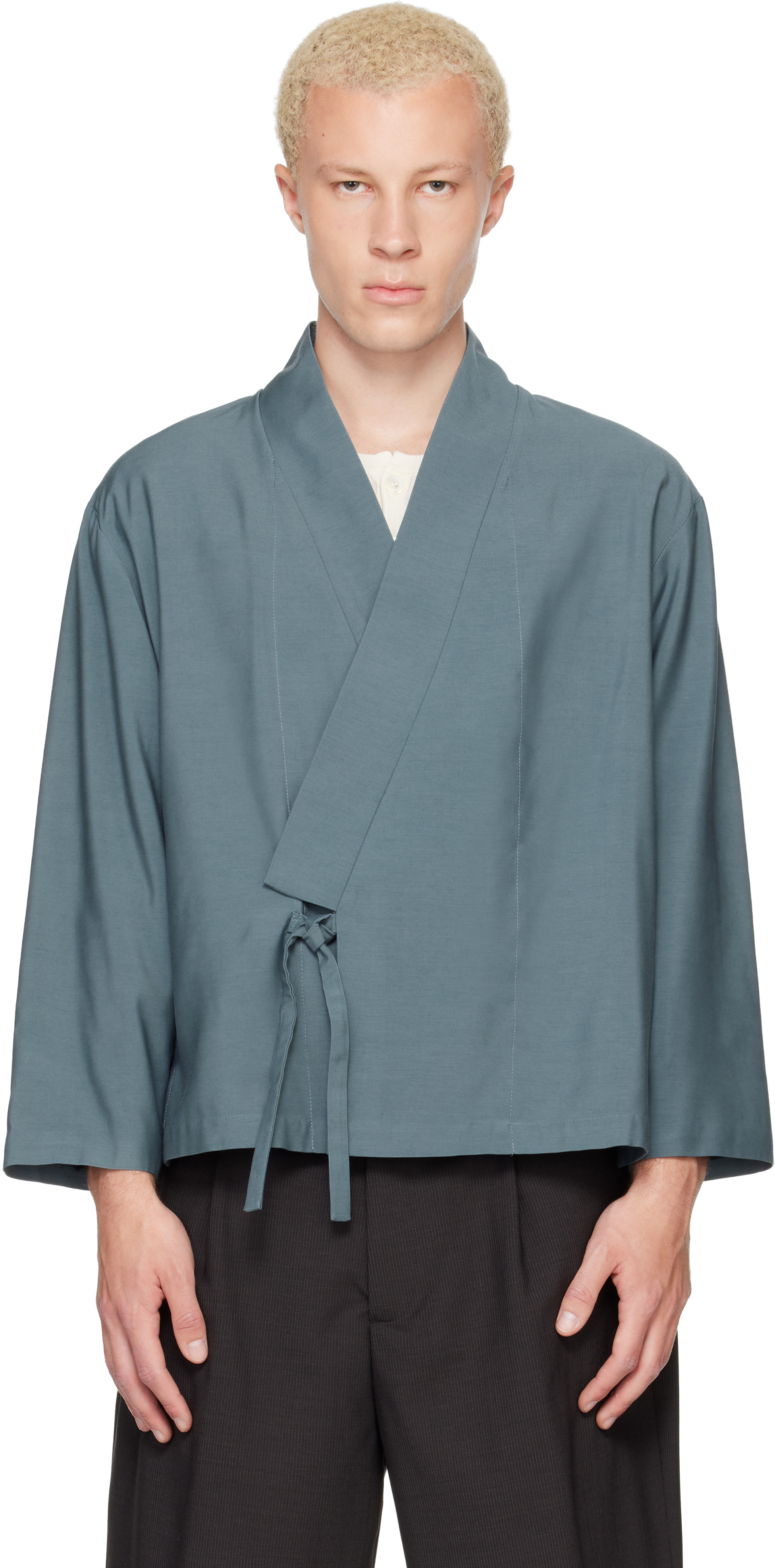 Kenzo: Navy Kenzo Paris Viscose & Wool Kimono Jacket | SSENSE Canada