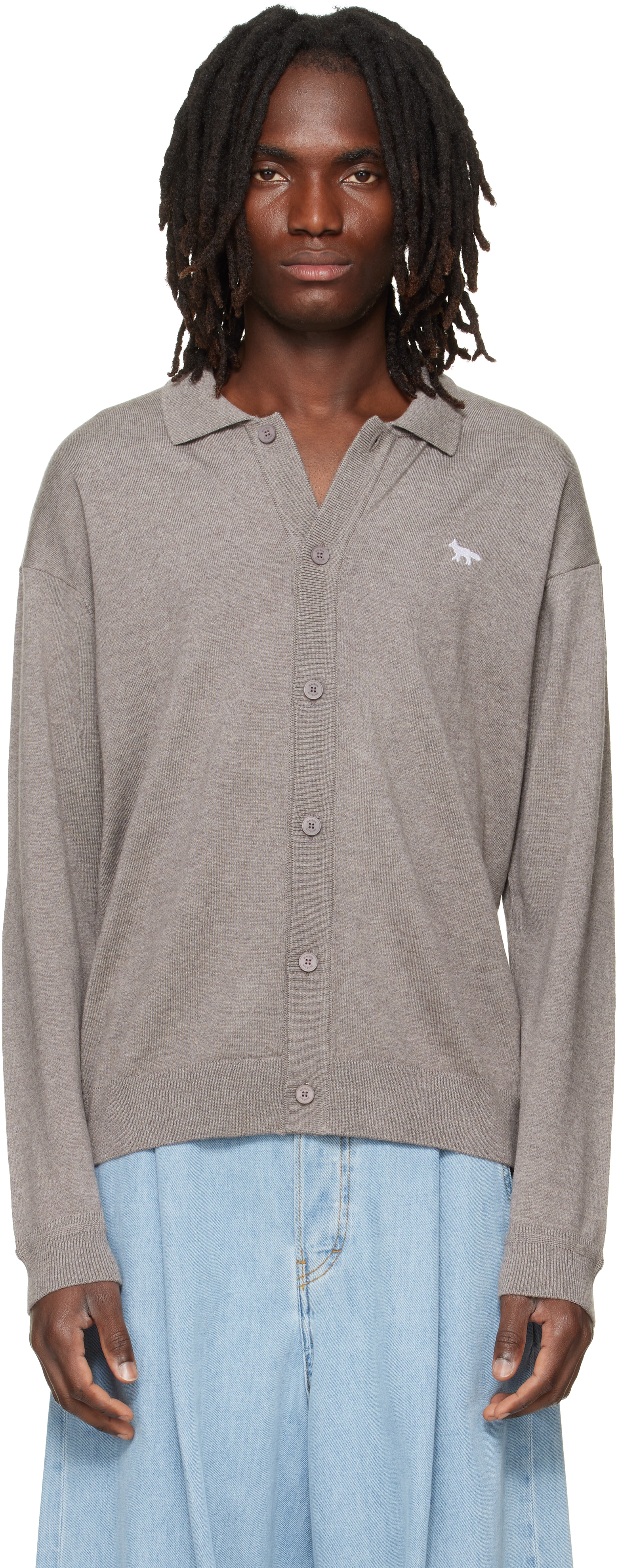 Maison Kitsuné: Taupe Profile Fox Comfort Polo Cardigan | SSENSE