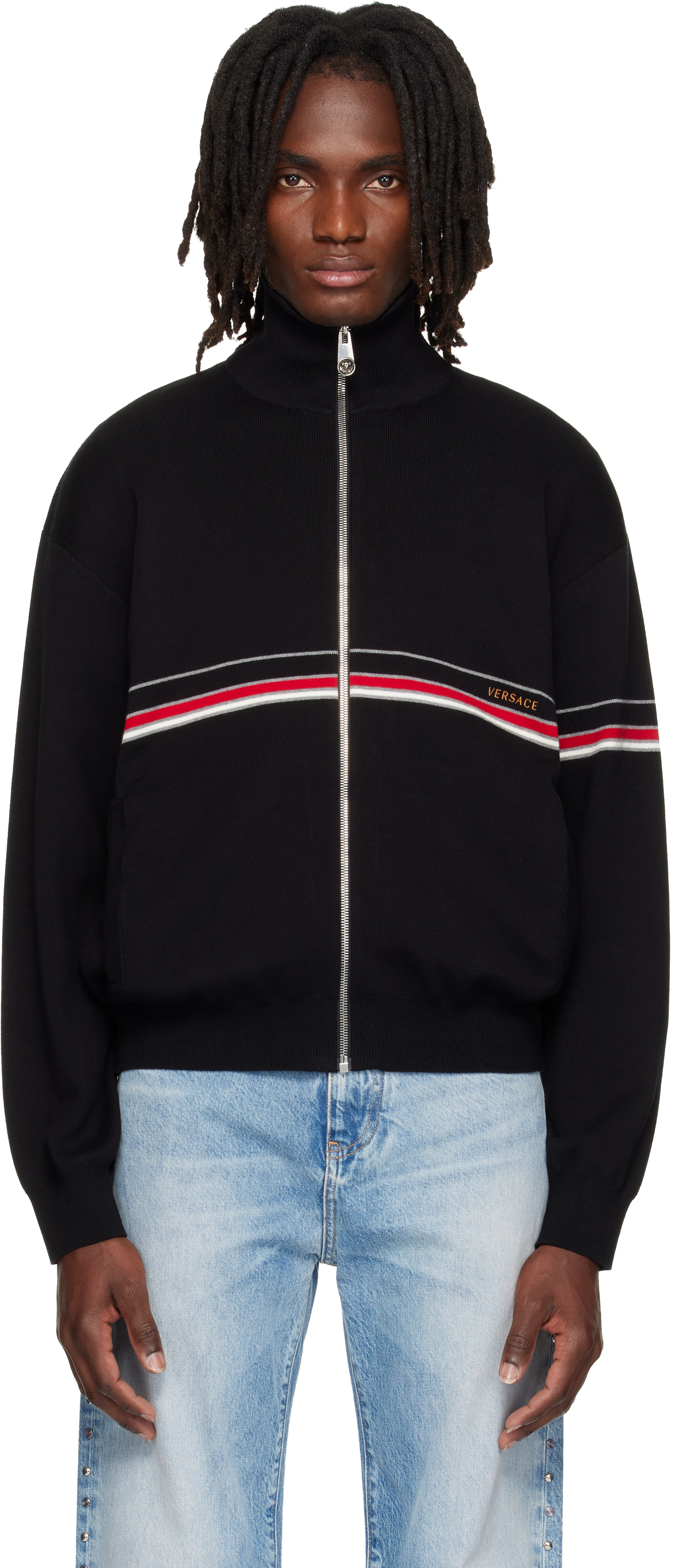 Versace: Black Embroidered-Logo Cotton Knit Zip Cardigan | SSENSE