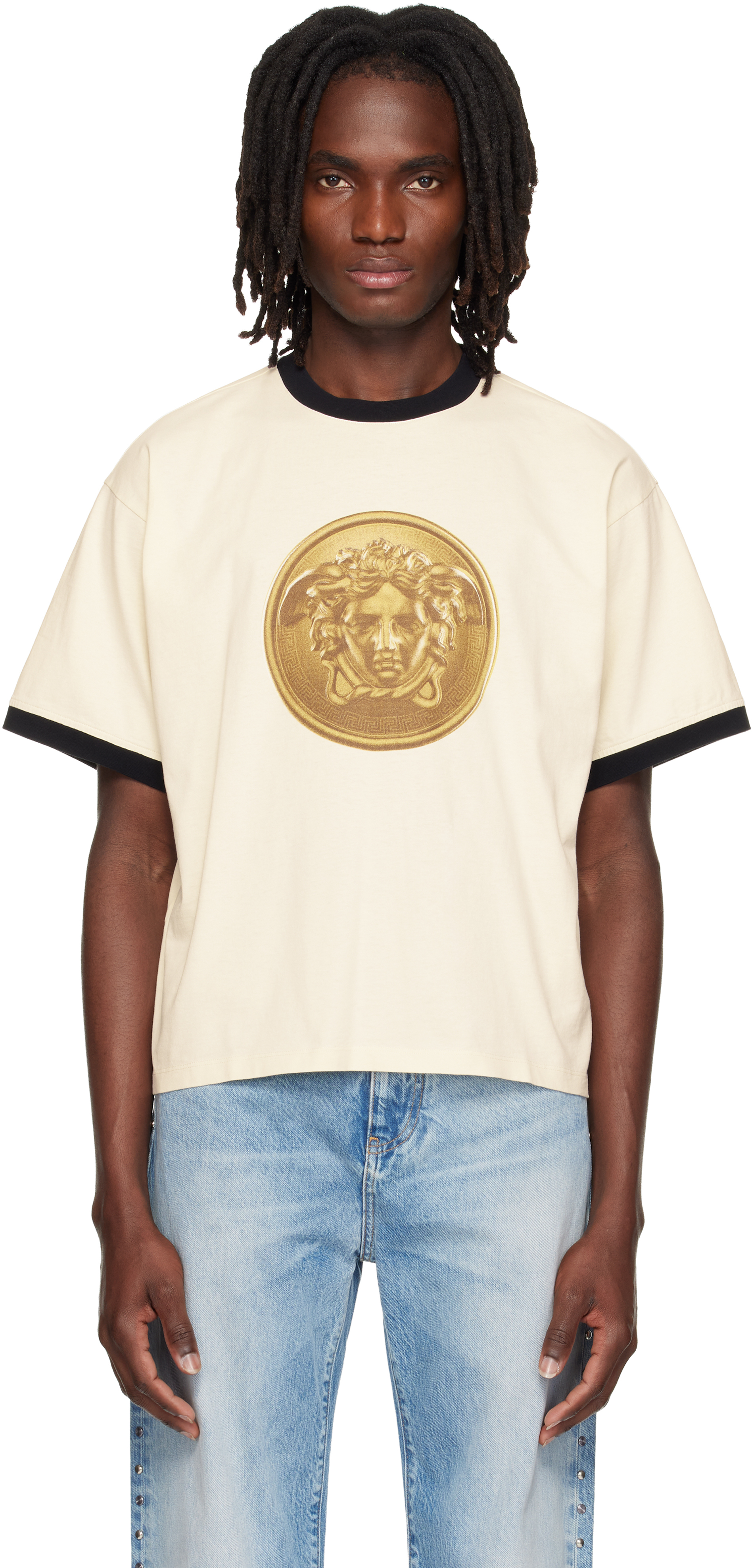 Versace: ホワイト プリント コットンジャージ レギュラー Tシャツ 