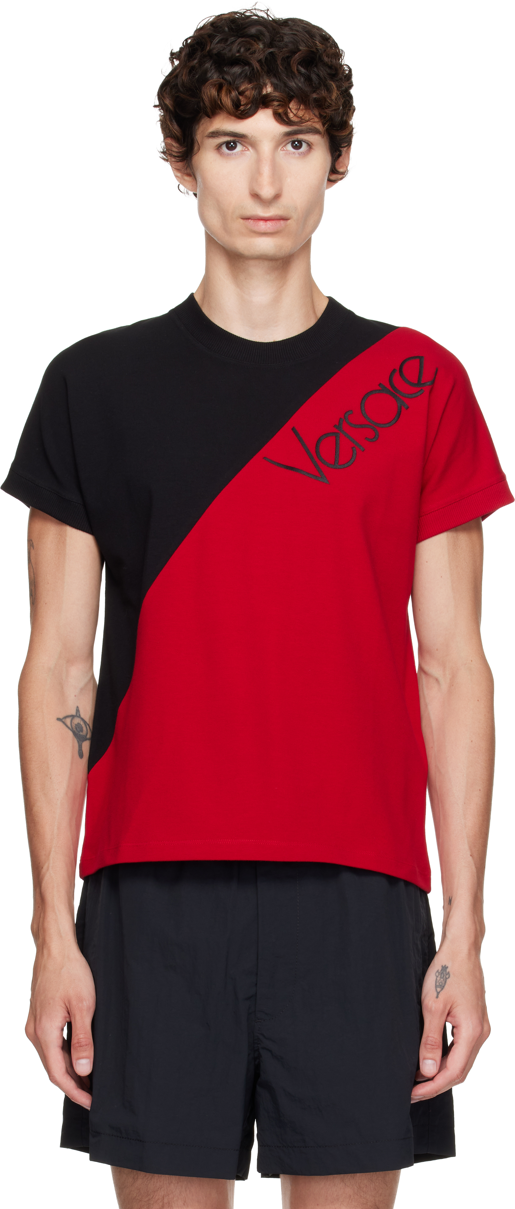 Versace: Black & Red Embroidered-Logo Slim T-shirt | SSENSE