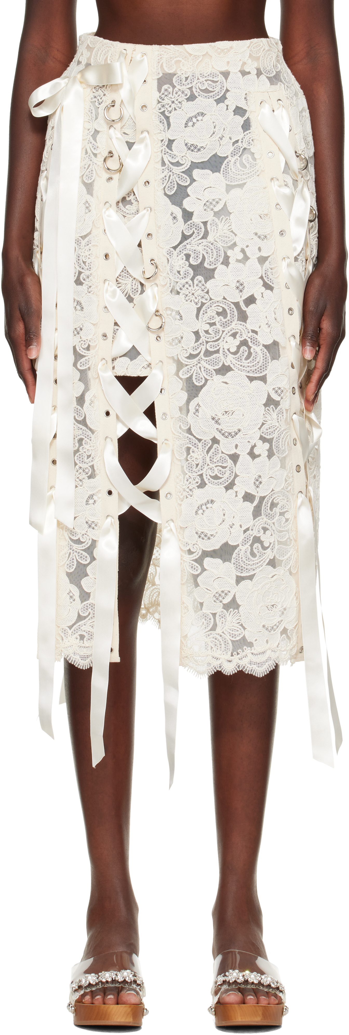 Simone Rocha: Off-White Unraveling Ribbon Ring Midi Skirt | SSENSE