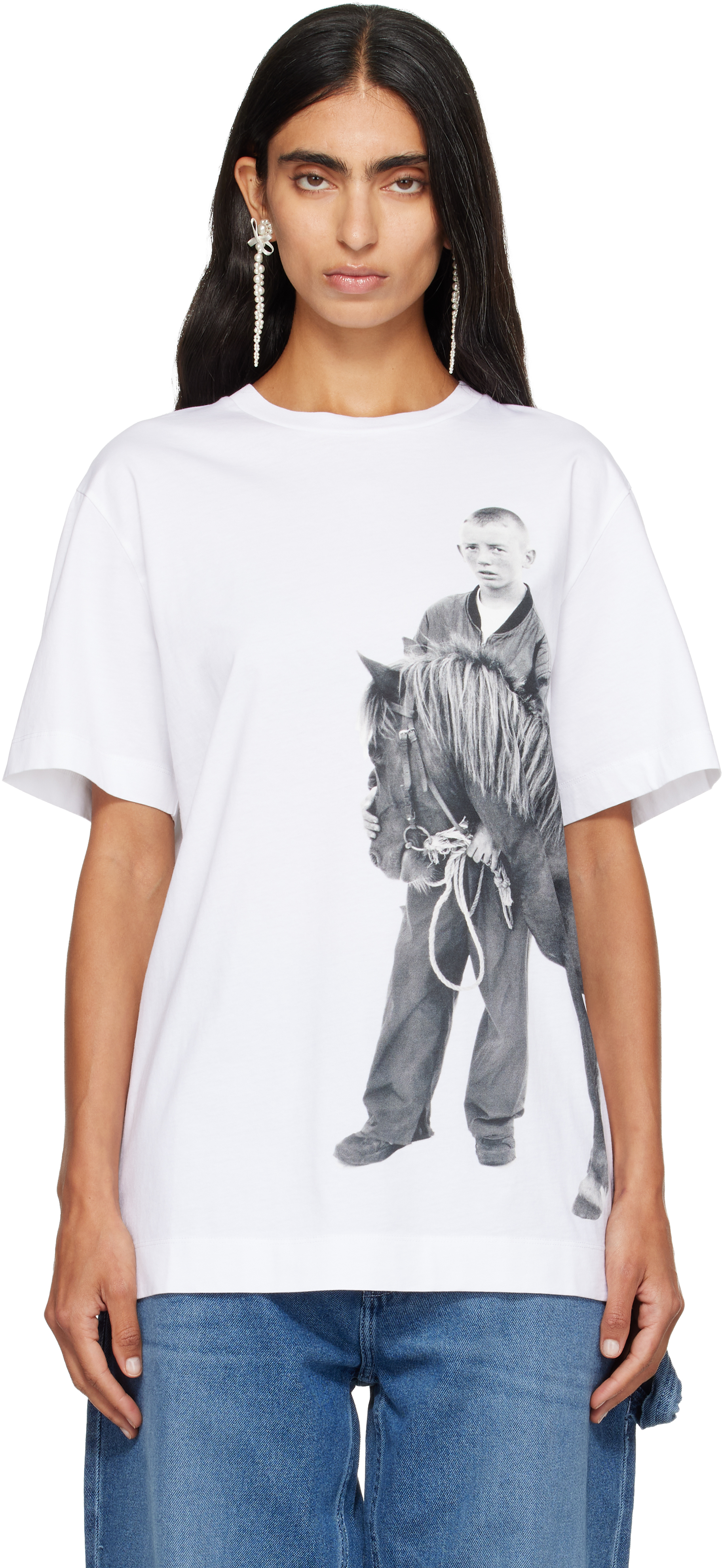 Simone Rocha - 【8/14まで】Simone Rocha プリント Tシャツ Simone Rocha: White 'Pony Kid' Print T-shirt | SSENSE