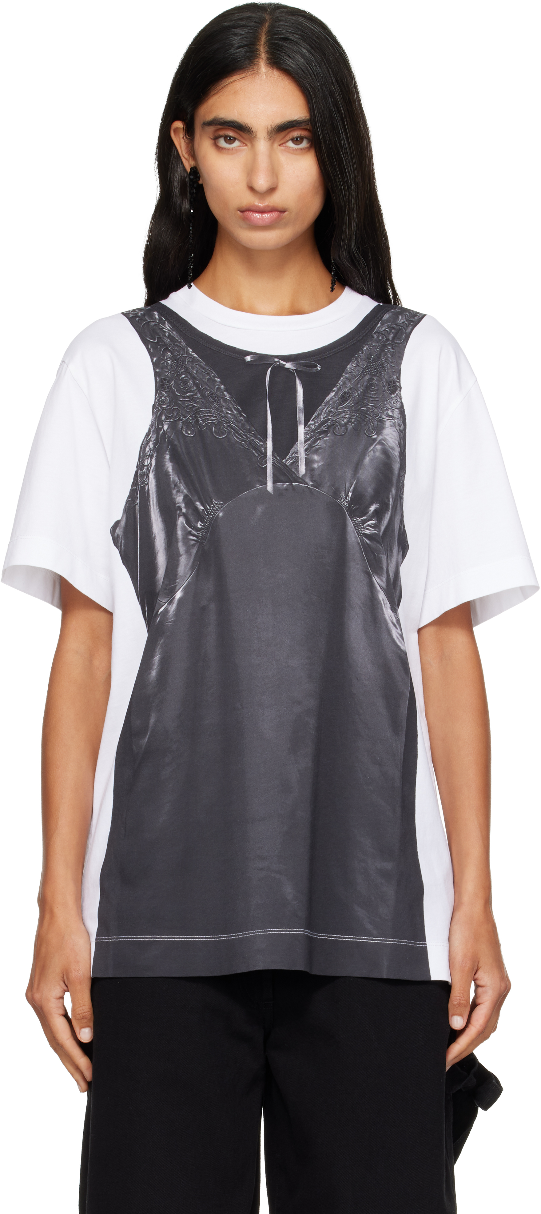 Simone Rocha グラフィック Tシャツ XS Simone Rocha: White & Black Patchwork Satin Trompe L'Oeil Print T