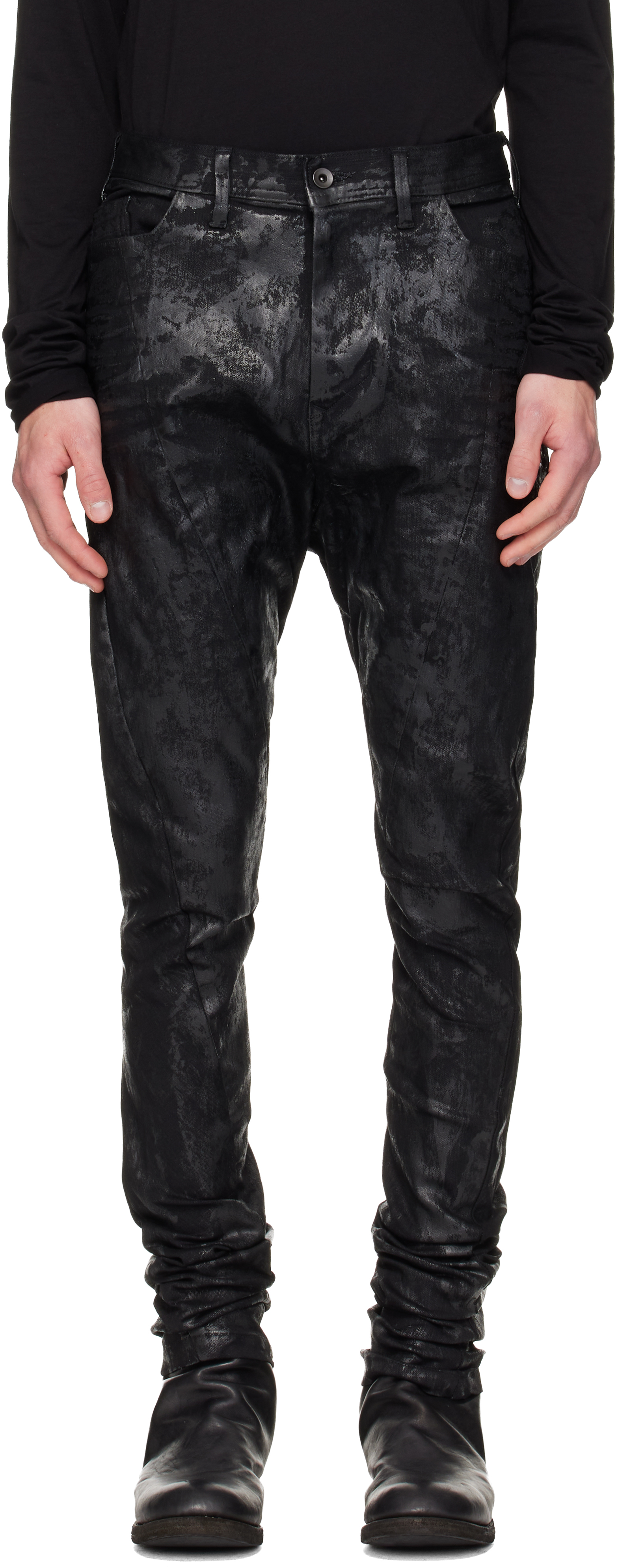 Julius: Black Coated Bending Skinny Jeans | SSENSE
