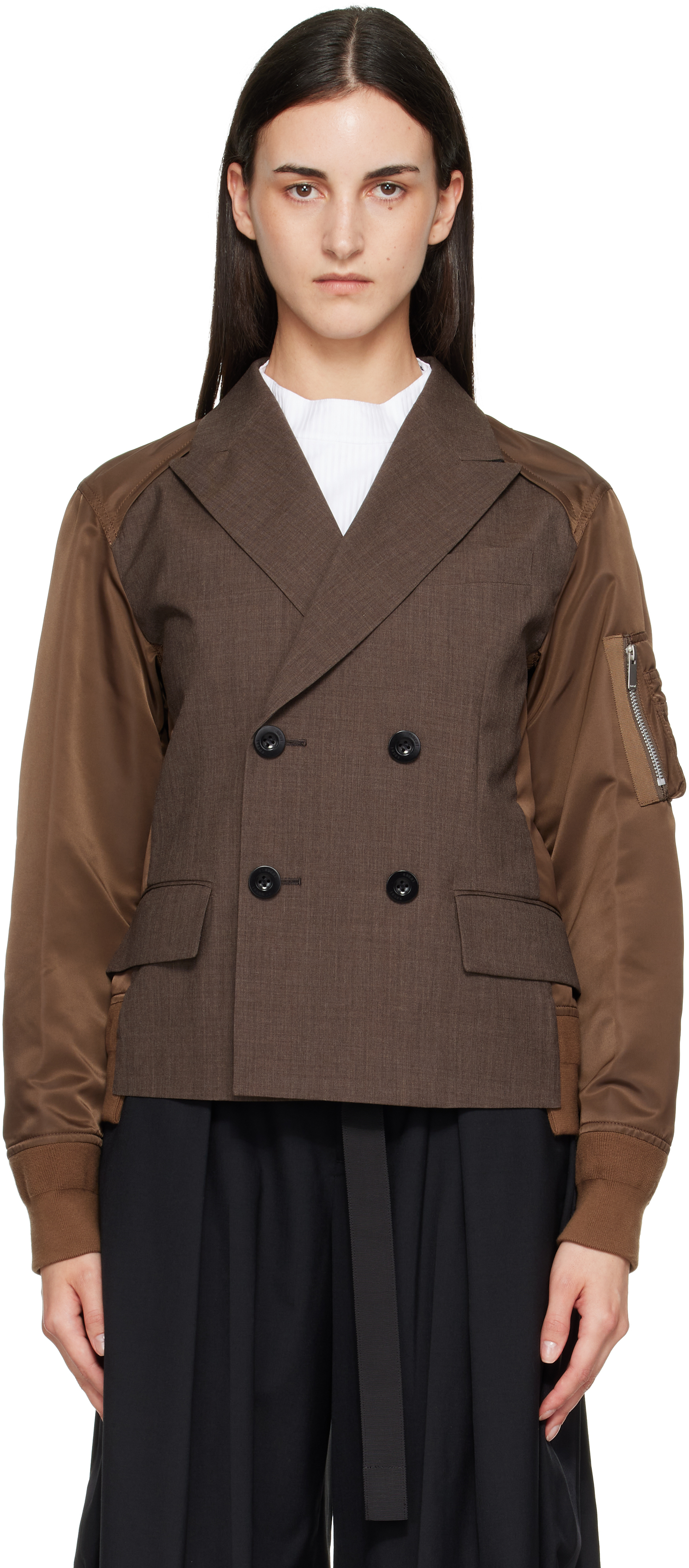sacai: Brown Suiting x Nylon Twill Blazer | SSENSE