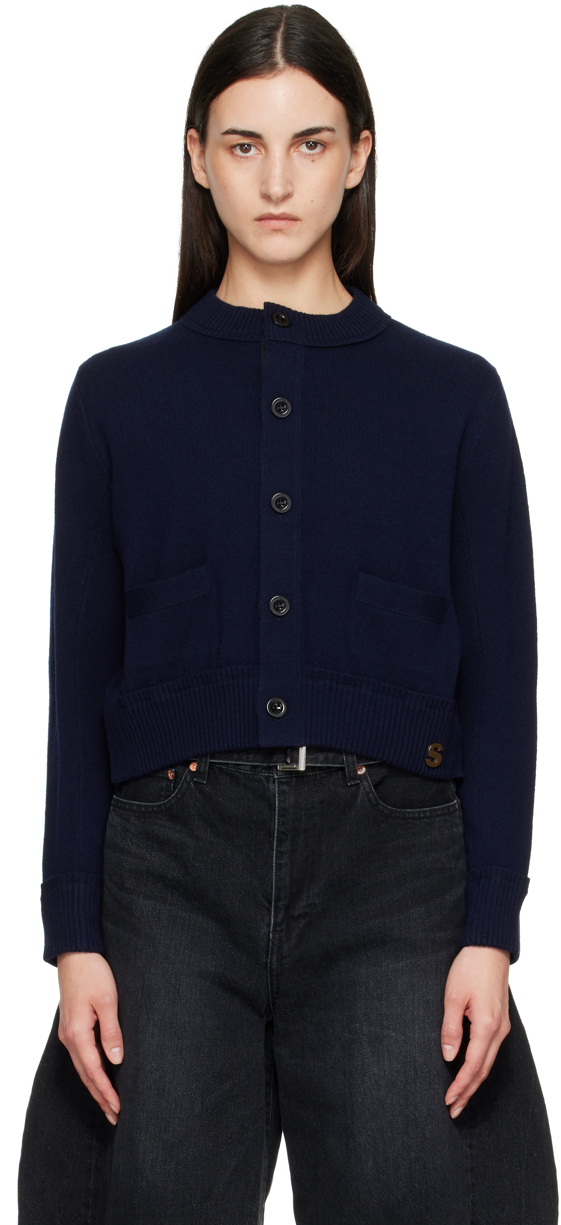 sacai: Navy Wool Knit Cardigan | SSENSE