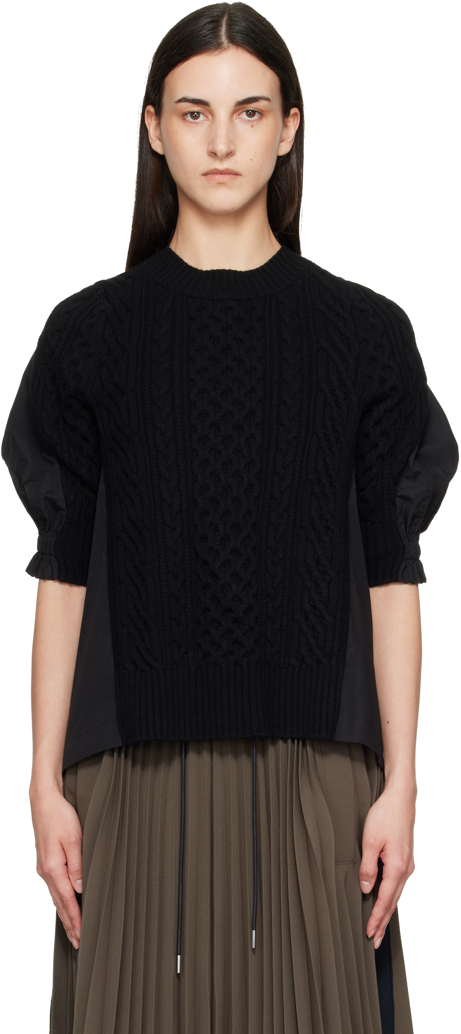 sacai サカイ CABLE PATTERN KNIT PULLOVER sacai: Black Wool Knit x Cotton Poplin Pullover Sweater | SSENSE