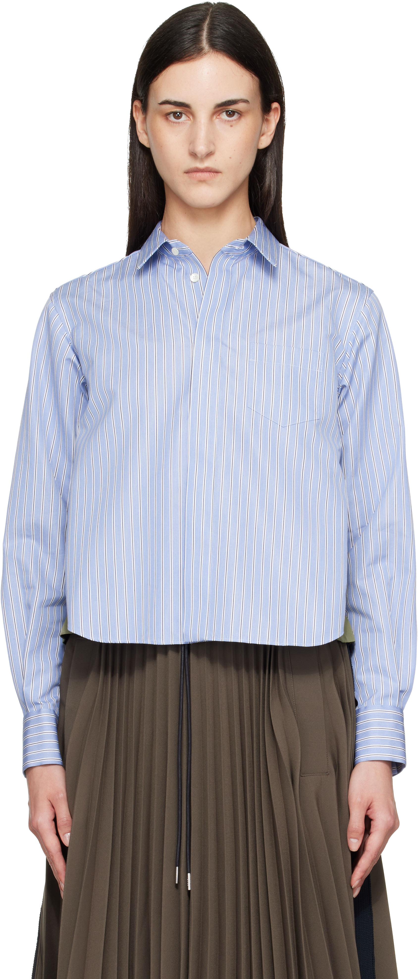 sacai: Blue & Khaki Cotton Poplin x Nylon Twill Shirt | SSENSE