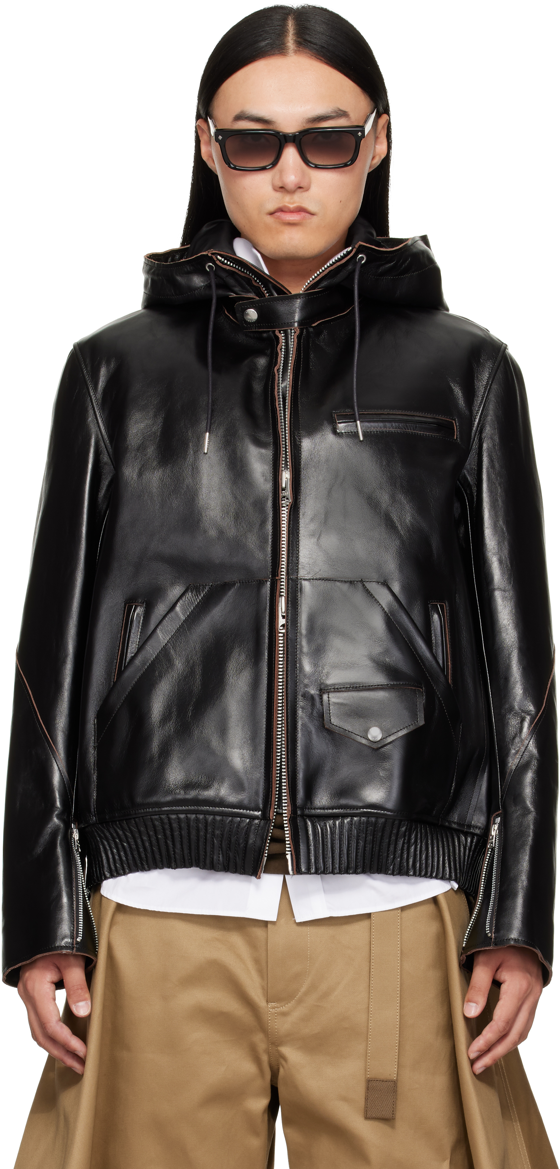 sacai: Black Blouson Leather Jacket | SSENSE