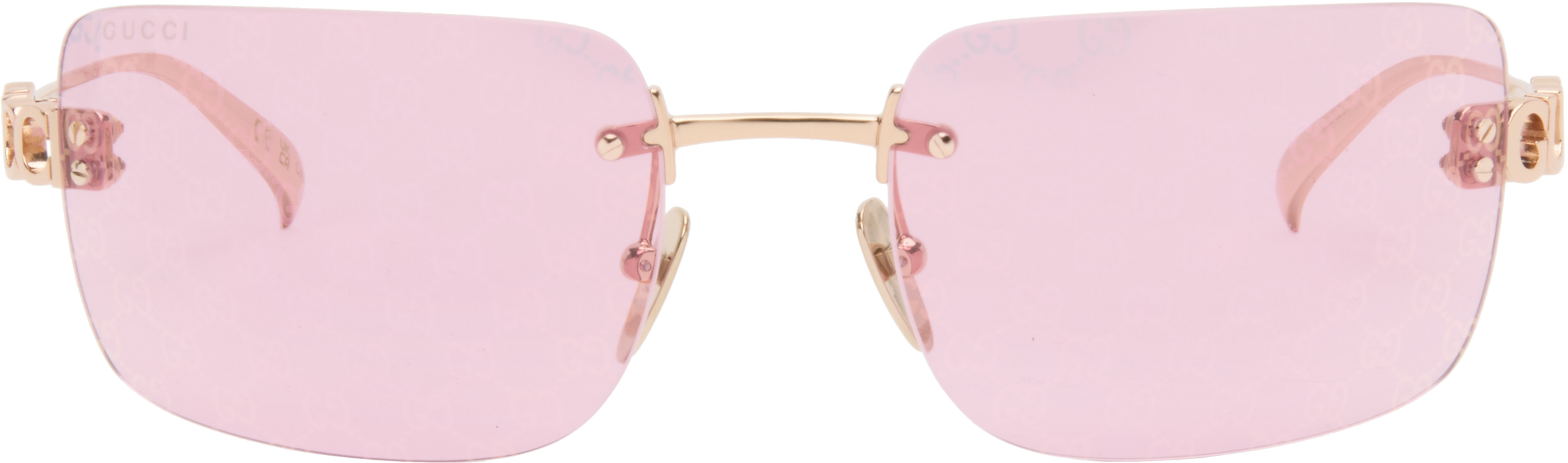 Gucci ピンクレンズ ゴールドフレーム サングラス Gucci: Gold Block Bending Sunglasses | SSENSE