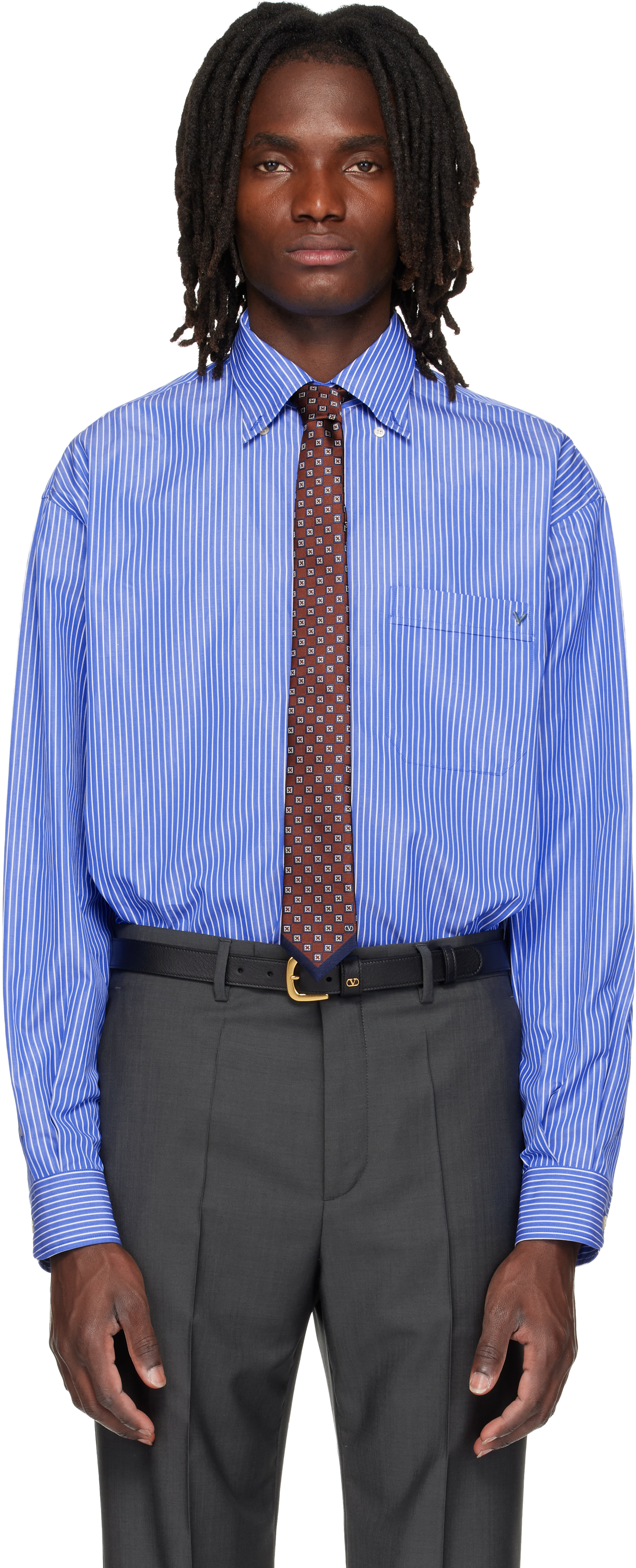 Valentino: Blue Striped Cotton Poplin Shirt | SSENSE