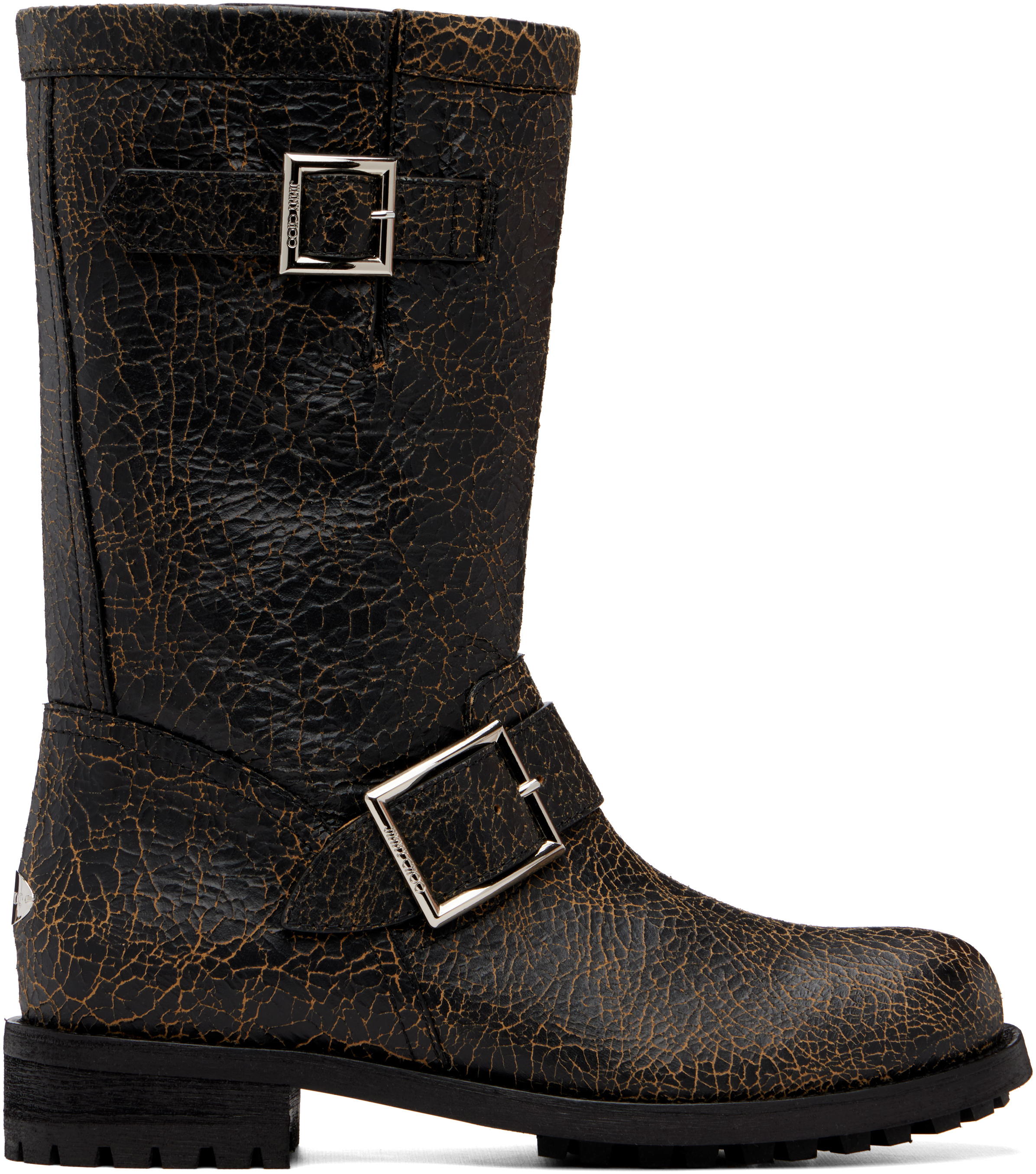Jimmy Choo: Black Biker Midcrackled Leather Boots | SSENSE