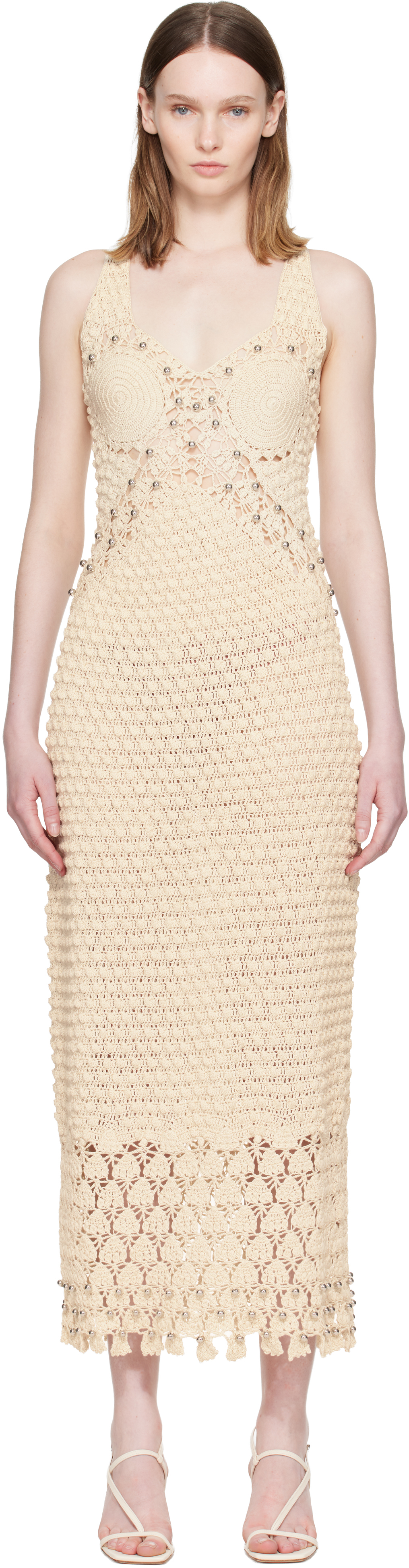 beige crochet midi dress Women's Calm & Cute Sleeveless Crochet Midi Dress in Taupe