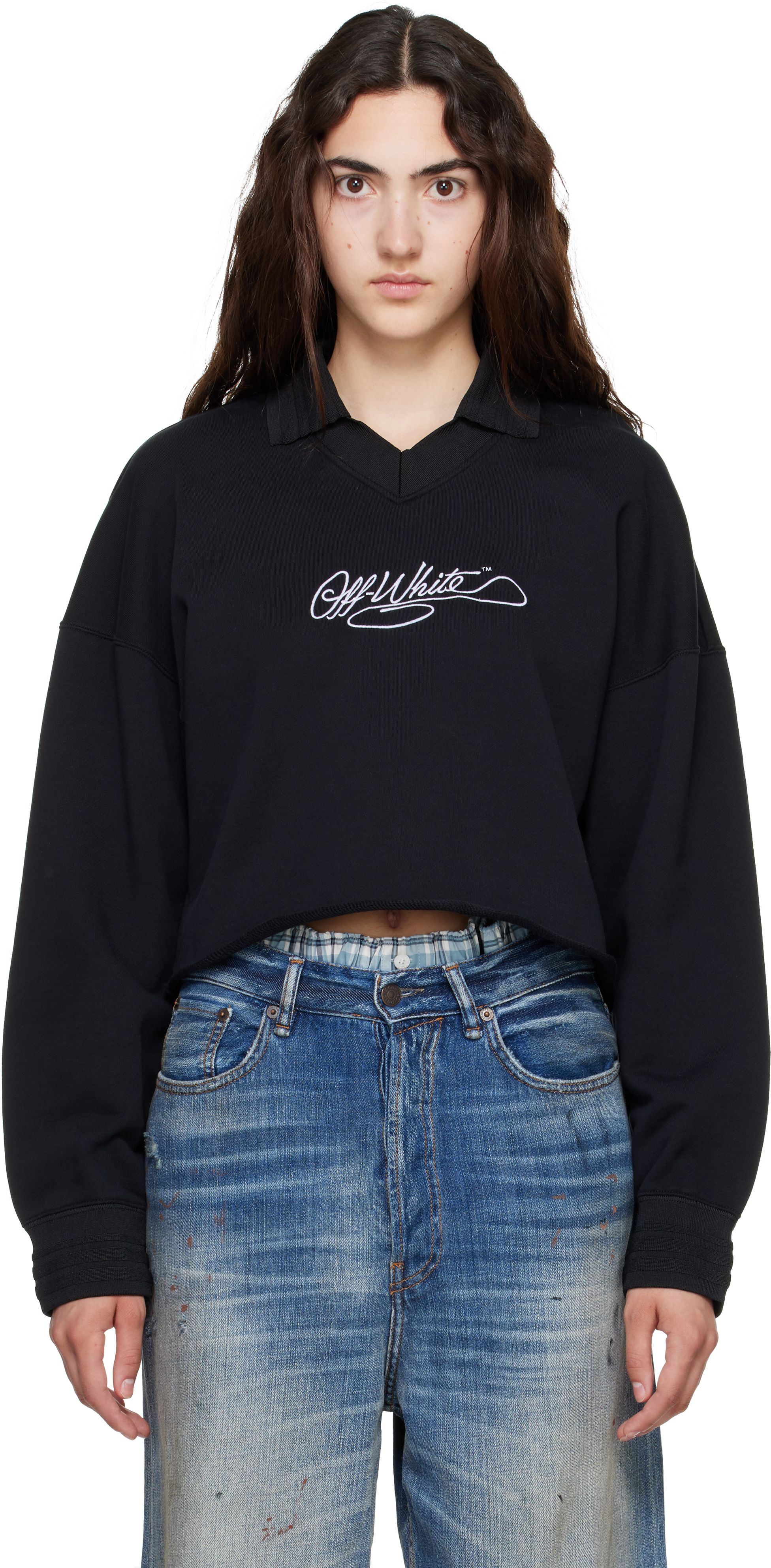 Off-White: Black Embroidered Script Crop Polo | SSENSE