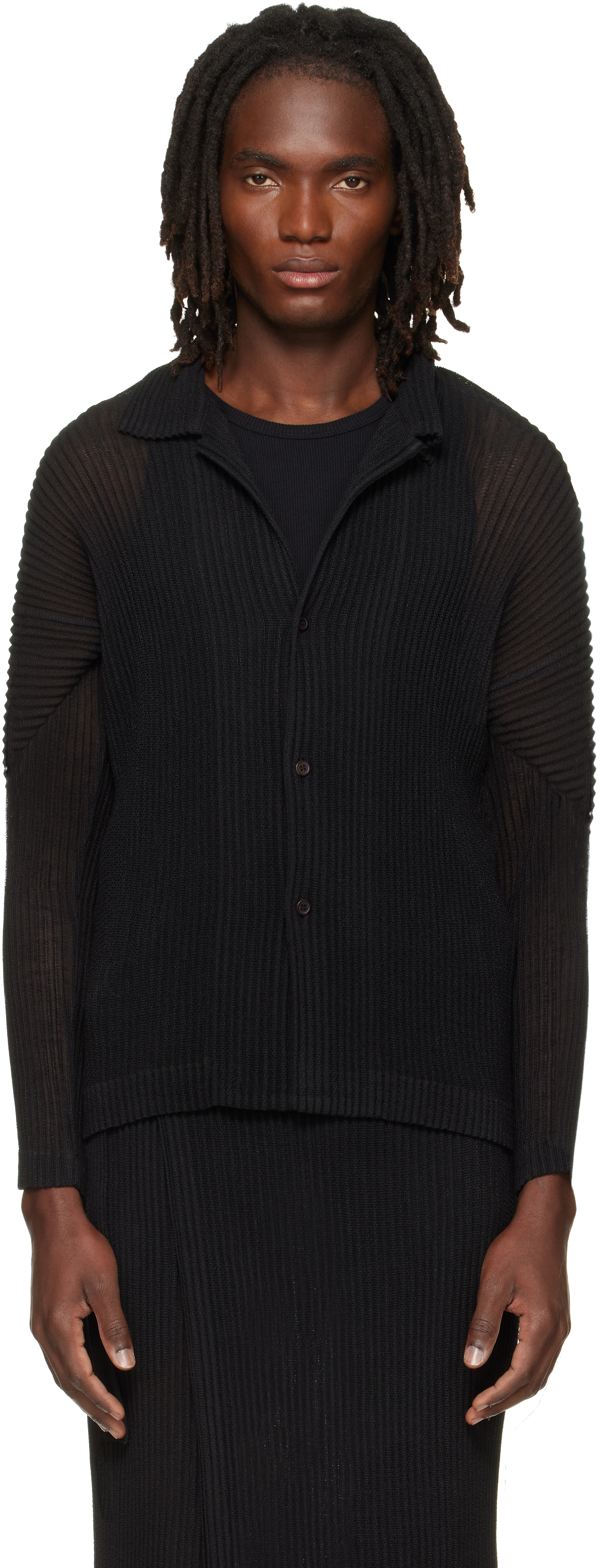 HOMME PLISSE 23ss FLIP ベスト 2 ブラック HOMME PLISSÉ ISSEY MIYAKE: Black Rustic Mesh Shirt | SSENSE