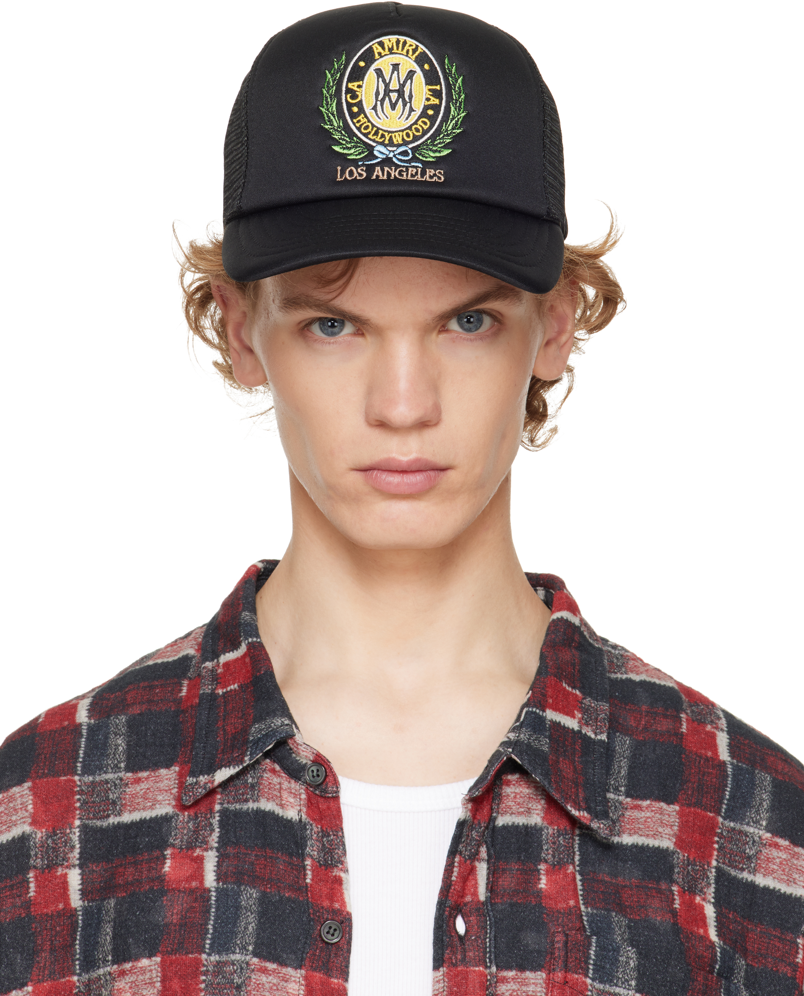 AMIRI: Black 'MA' Crest Trucker Hat | SSENSE Canada
