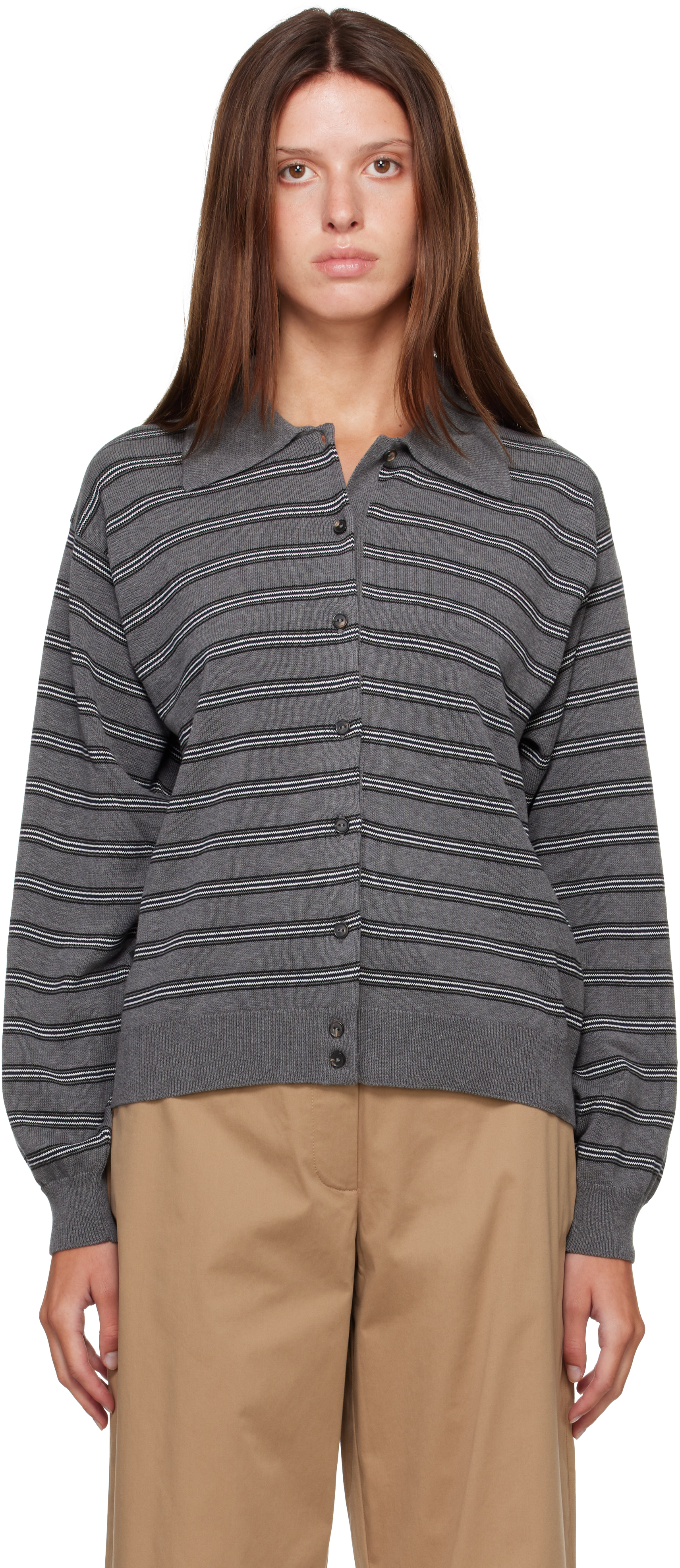 Cordera: Gray Organic Cotton Striped Polo Cardigan | SSENSE