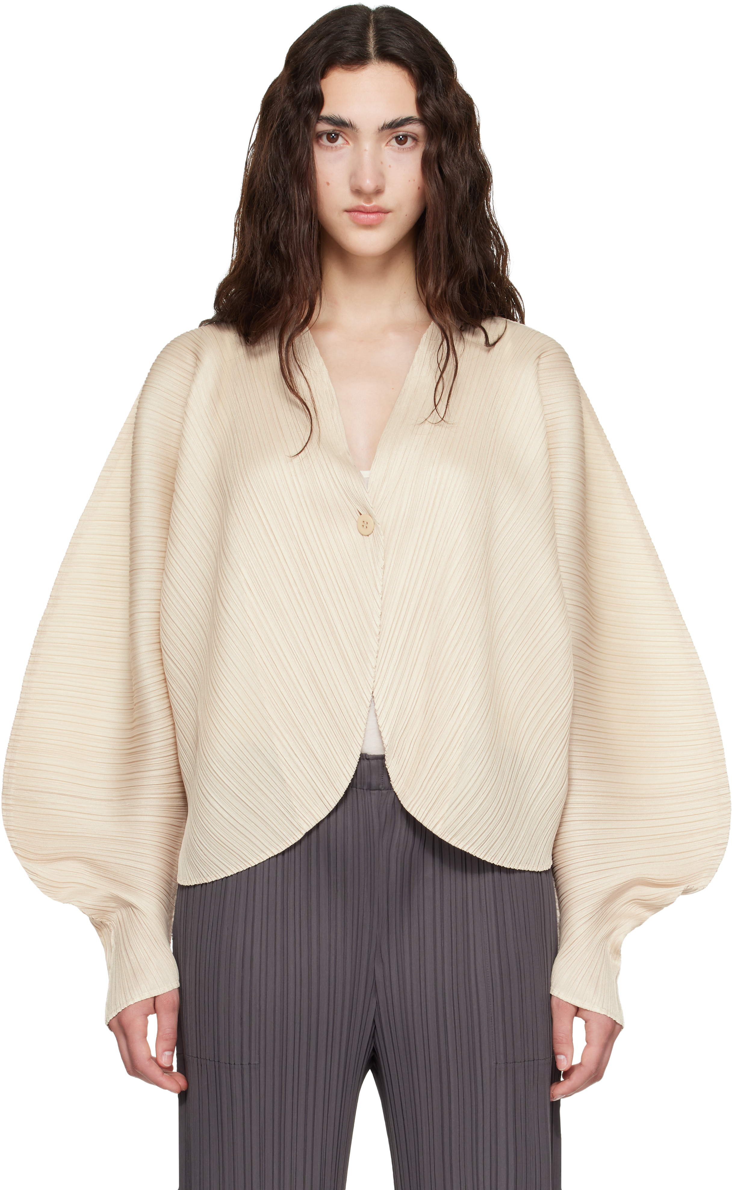 PLEATS PLEASE ISSEY MIYAKE: Beige Coast Cardigan | SSENSE Canada